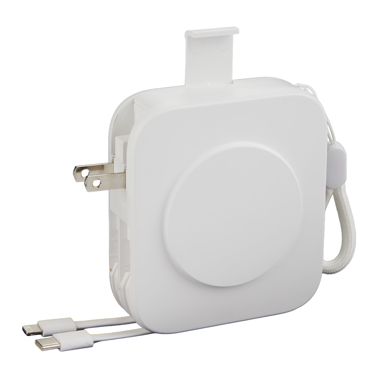 White 10,000 mAh wireless power bank with foldable wall plug, integrated charging cables, digital display, and built-in phone stand.