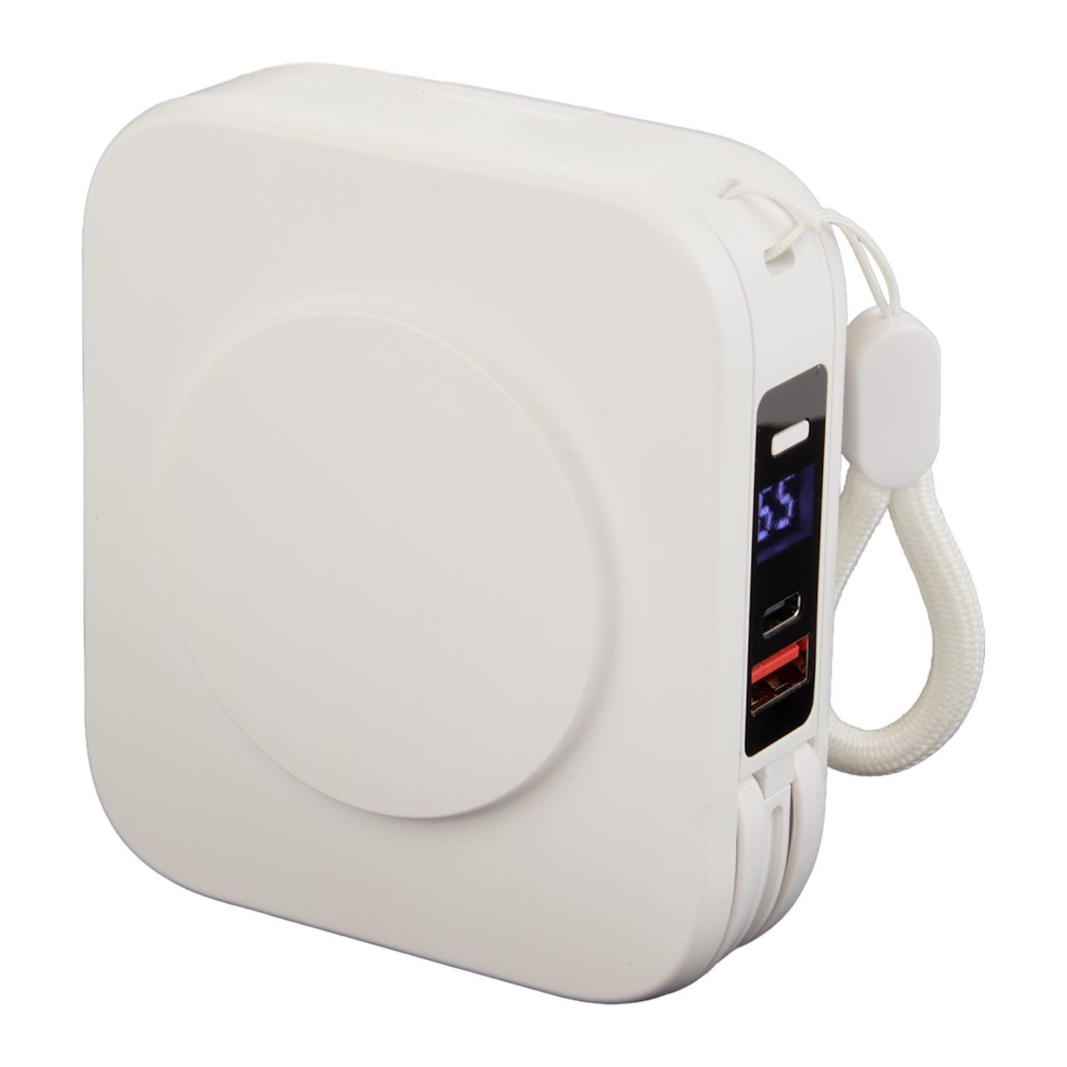 White 10,000 mAh wireless power bank with foldable wall plug, integrated charging cables, digital display, and built-in phone stand.