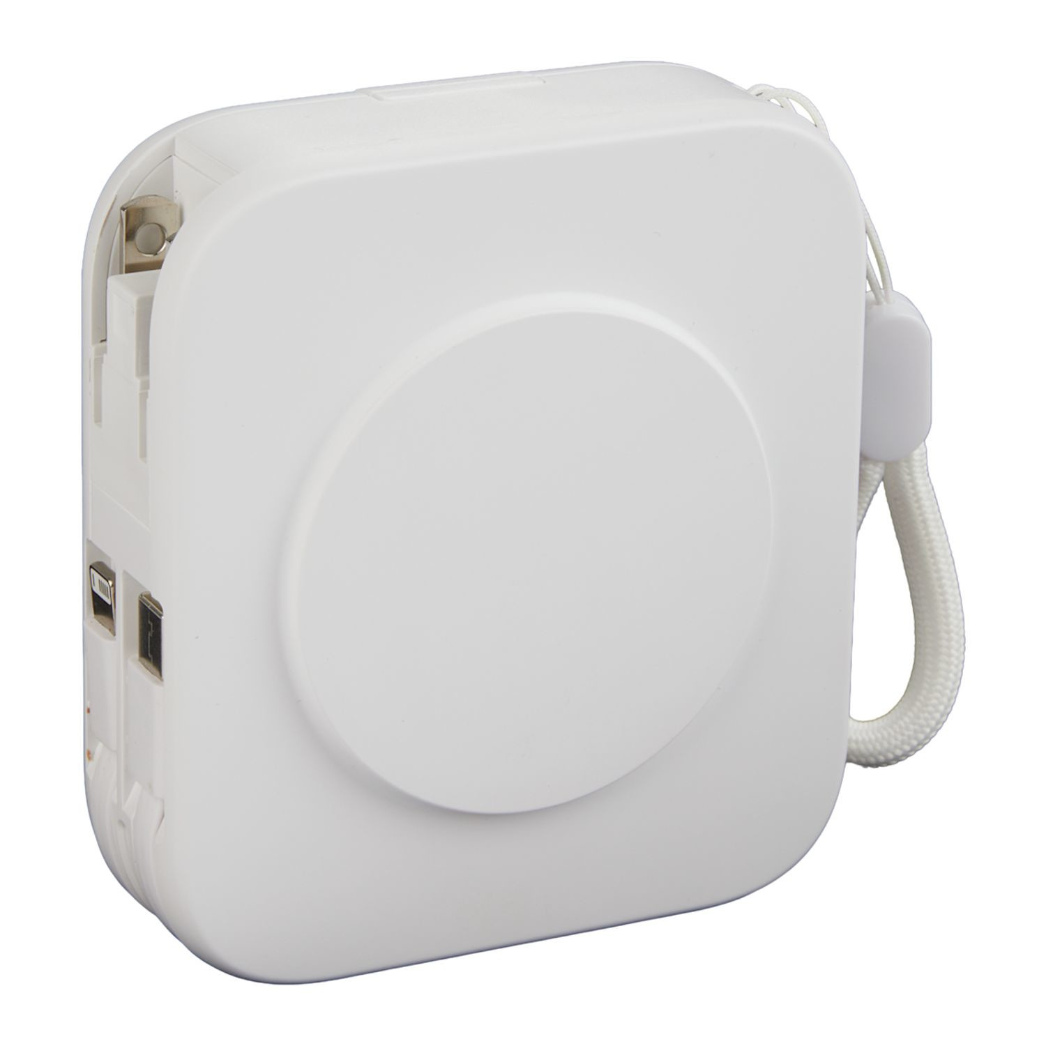 White 10,000 mAh wireless power bank with foldable wall plug, integrated charging cables, digital display, and built-in phone stand.