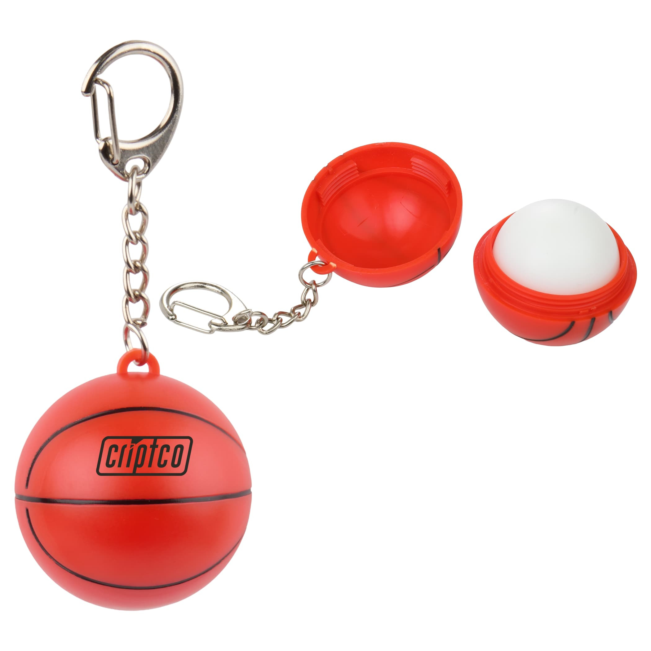 Basketball SPF15 Lip Balm Keychain with orange basketball-shaped recycled plastic case clipped to a sports bag beside a water bottle and basketball gear, highlighting portable lip care for outdoor activities and team events.