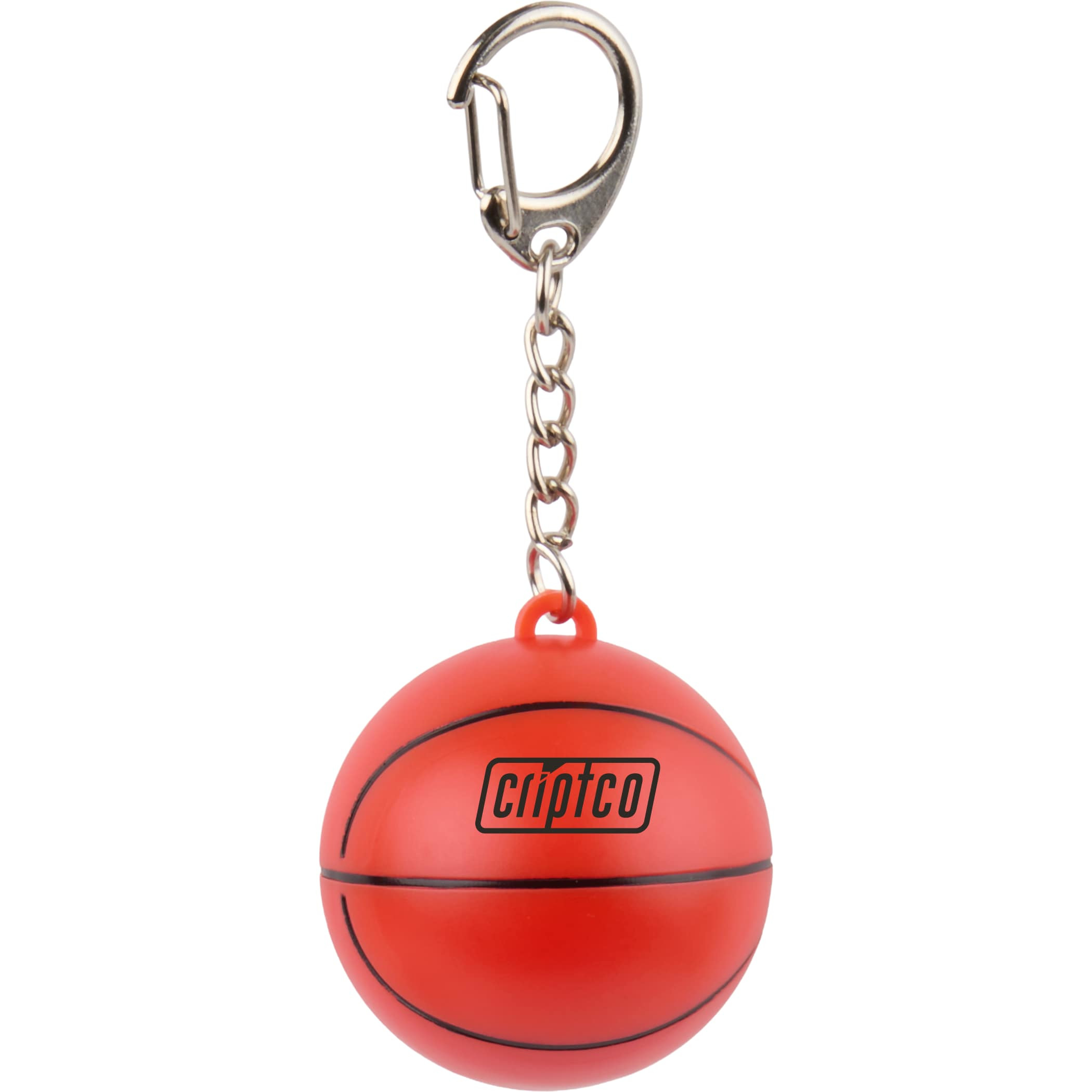 Basketball SPF15 Lip Balm Keychain with orange basketball-shaped recycled plastic case clipped to a sports bag beside a water bottle and basketball gear, highlighting portable lip care for outdoor activities and team events.