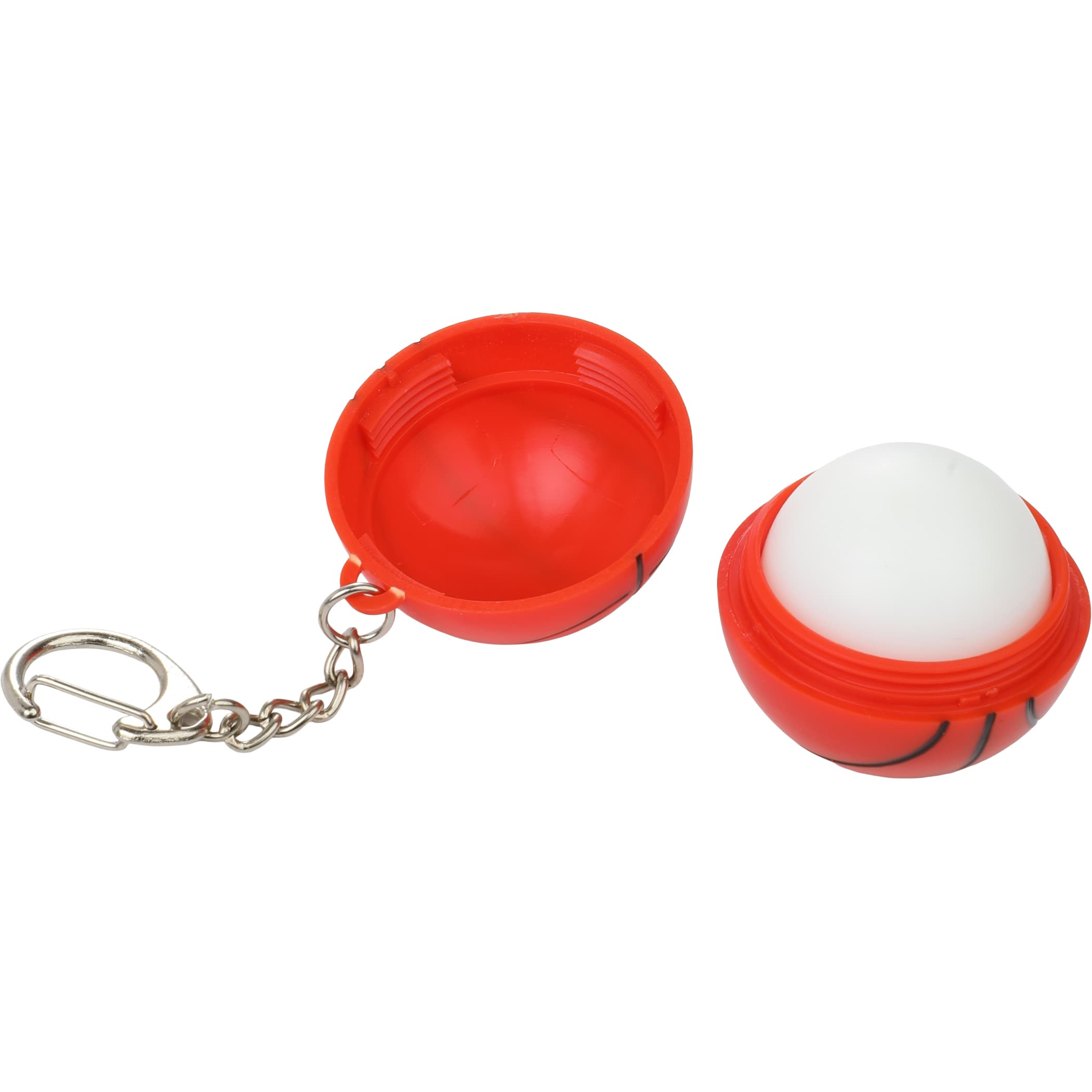 Basketball SPF15 Lip Balm Keychain with orange basketball-shaped recycled plastic case clipped to a sports bag beside a water bottle and basketball gear, highlighting portable lip care for outdoor activities and team events.