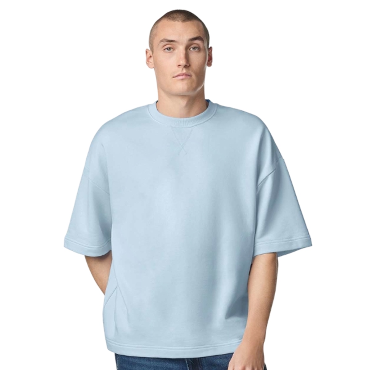 Powder blue French terry sweatshirt with a soft cotton-blend finish, oversized fit, wide ribbed collar, and relaxed long-sleeve design.