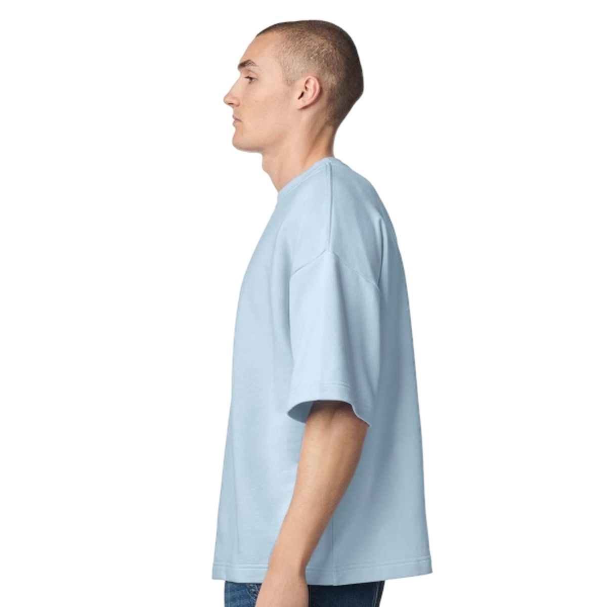 Powder blue French terry sweatshirt with a soft cotton-blend finish, oversized fit, wide ribbed collar, and relaxed long-sleeve design.