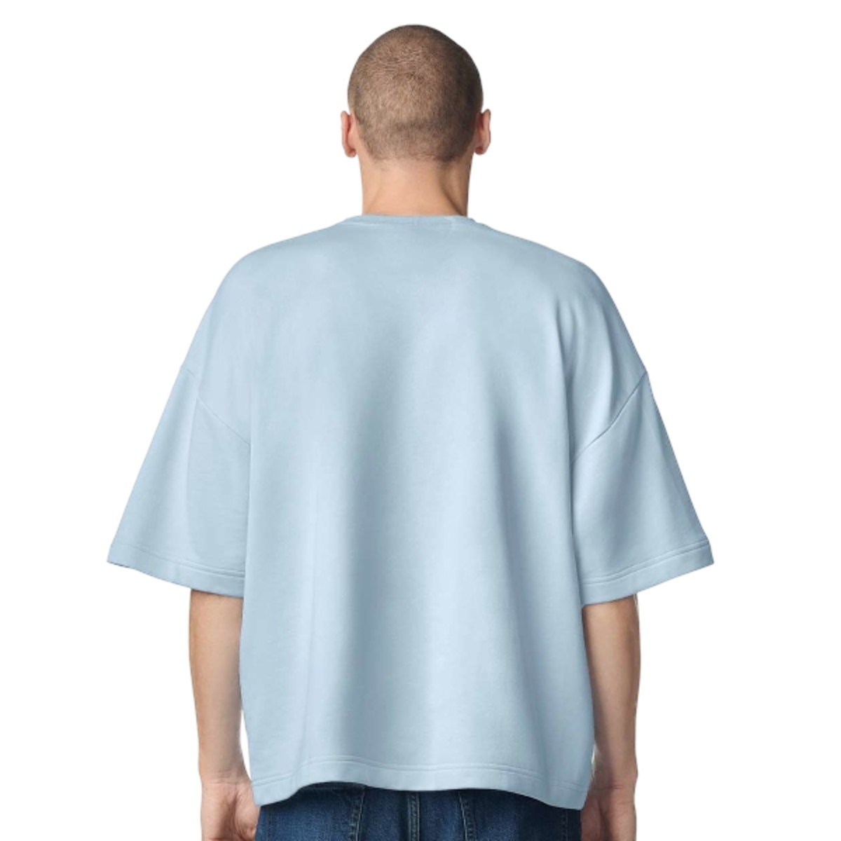 Powder blue French terry sweatshirt with a soft cotton-blend finish, oversized fit, wide ribbed collar, and relaxed long-sleeve design.