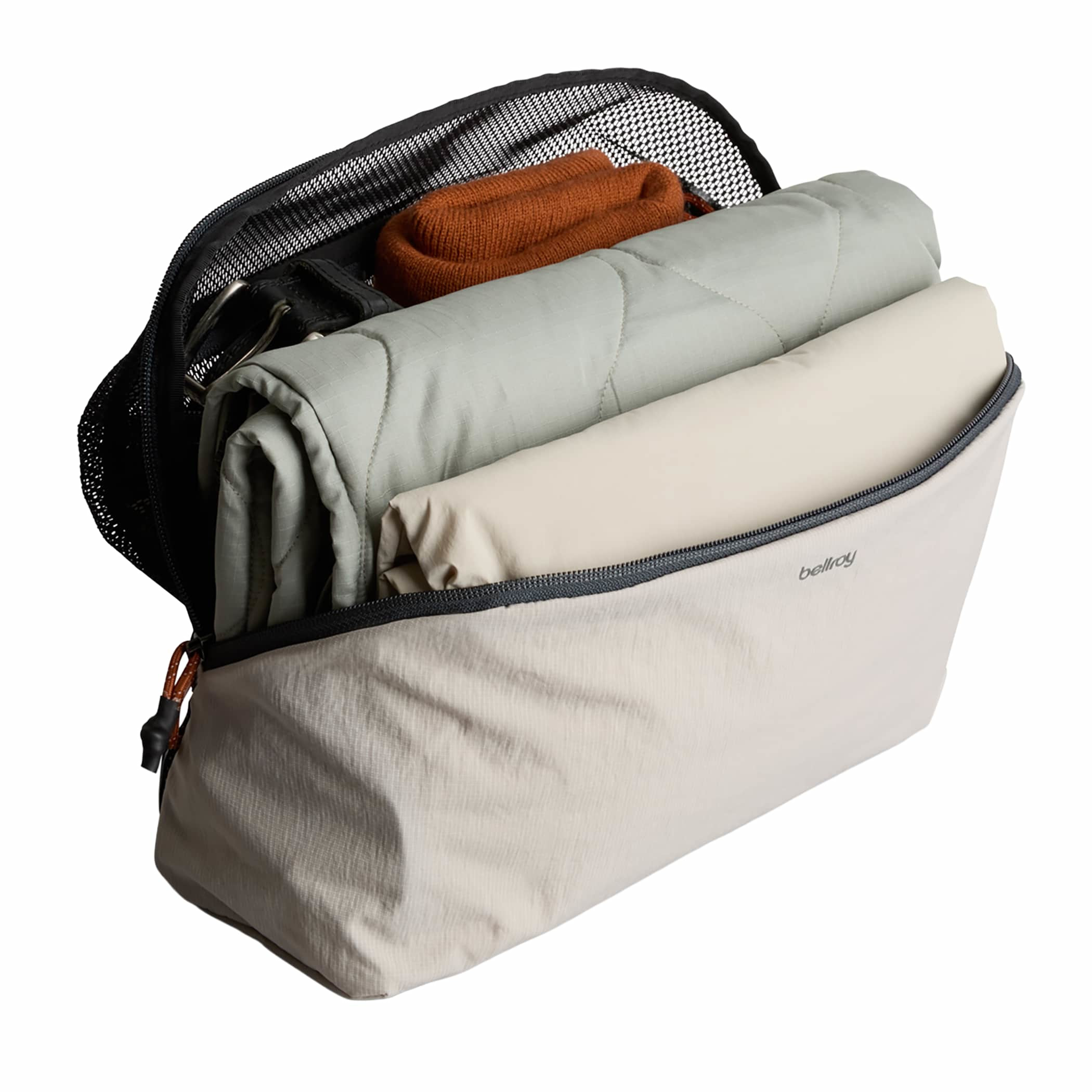 Ash Bellroy 6L Lite Packing Cube in lightweight Dura Lite nylon with mesh panels, pop-top zip opening, and compact travel organizer design for packing clothes and essentials.