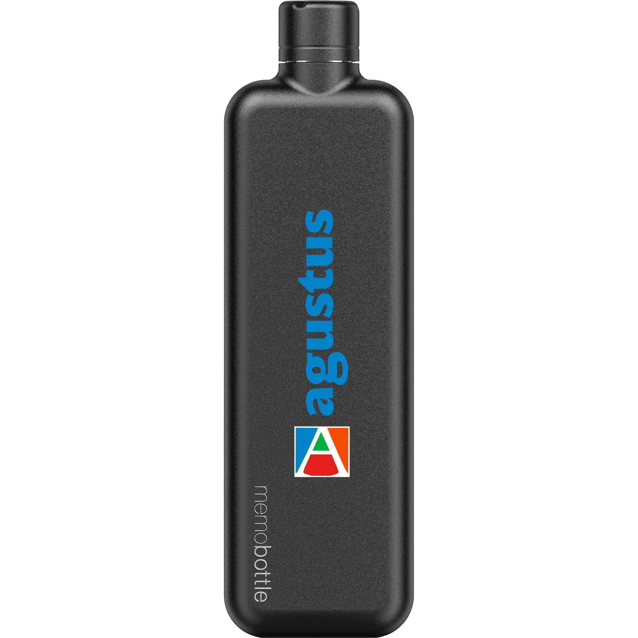 Black Slim Stainless Steel memobottle™ 20 oz stainless steel flat water bottle with slim rectangular design, screw-top lid, and satin powder coat finish for portable everyday hydration