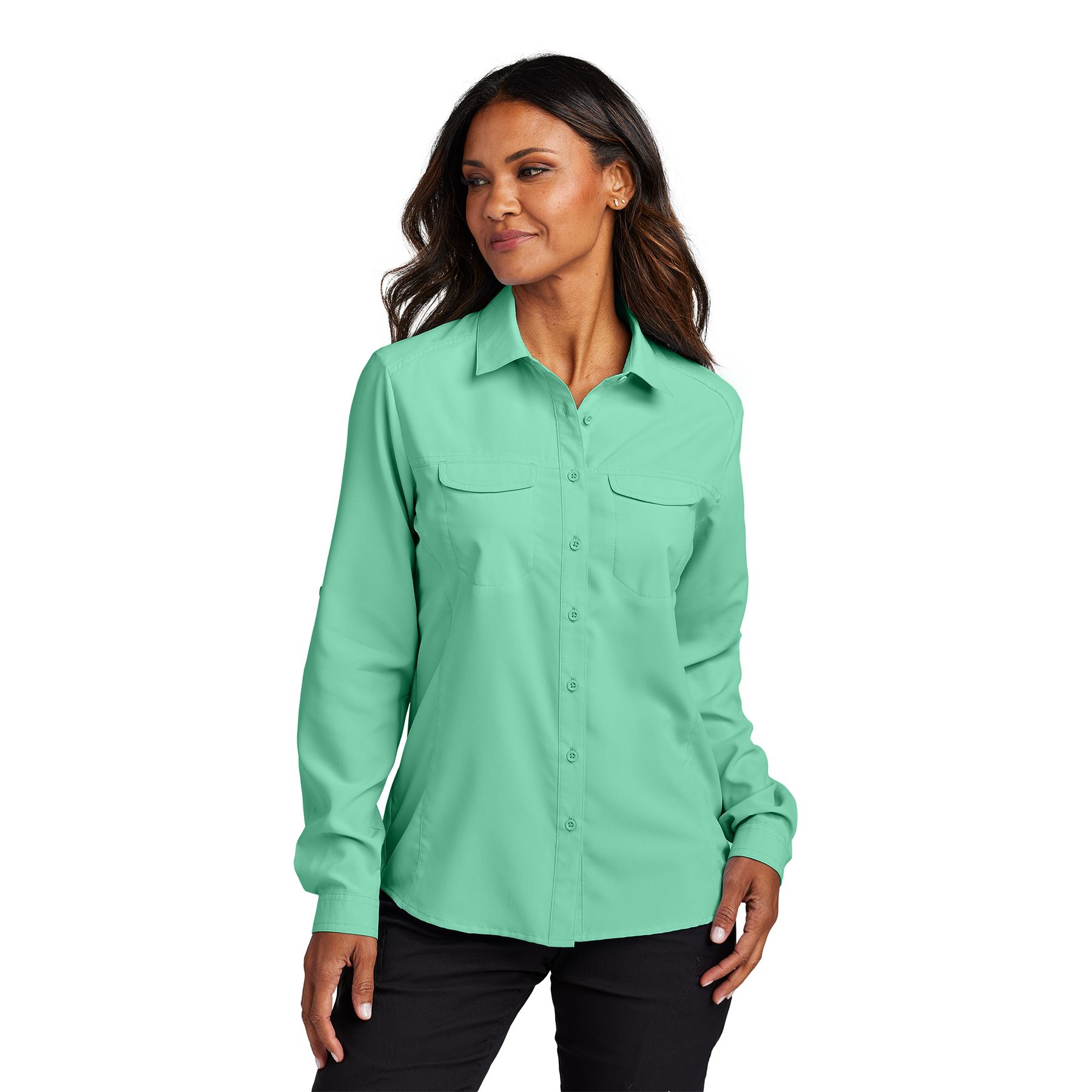 Bright Seafoam women’s lightweight long sleeve performance shirt with button front, chest pockets, roll-tab sleeves, and vented mesh back panel.