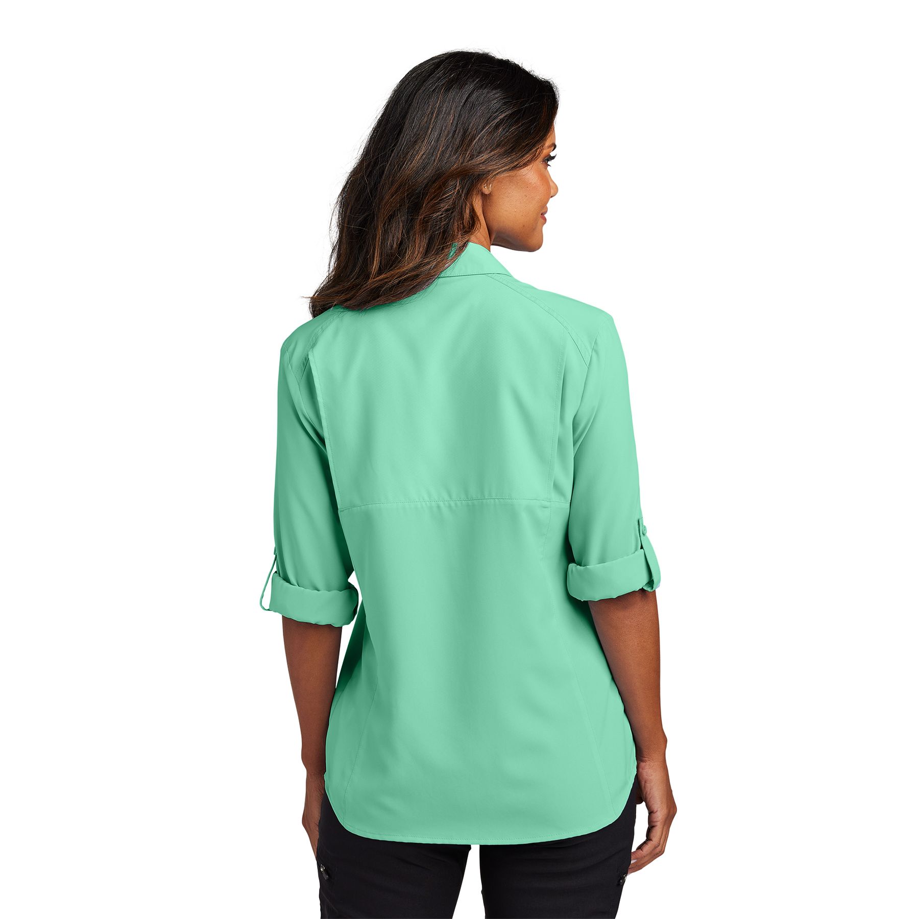 Bright Seafoam women’s lightweight long sleeve performance shirt with button front, chest pockets, roll-tab sleeves, and vented mesh back panel.