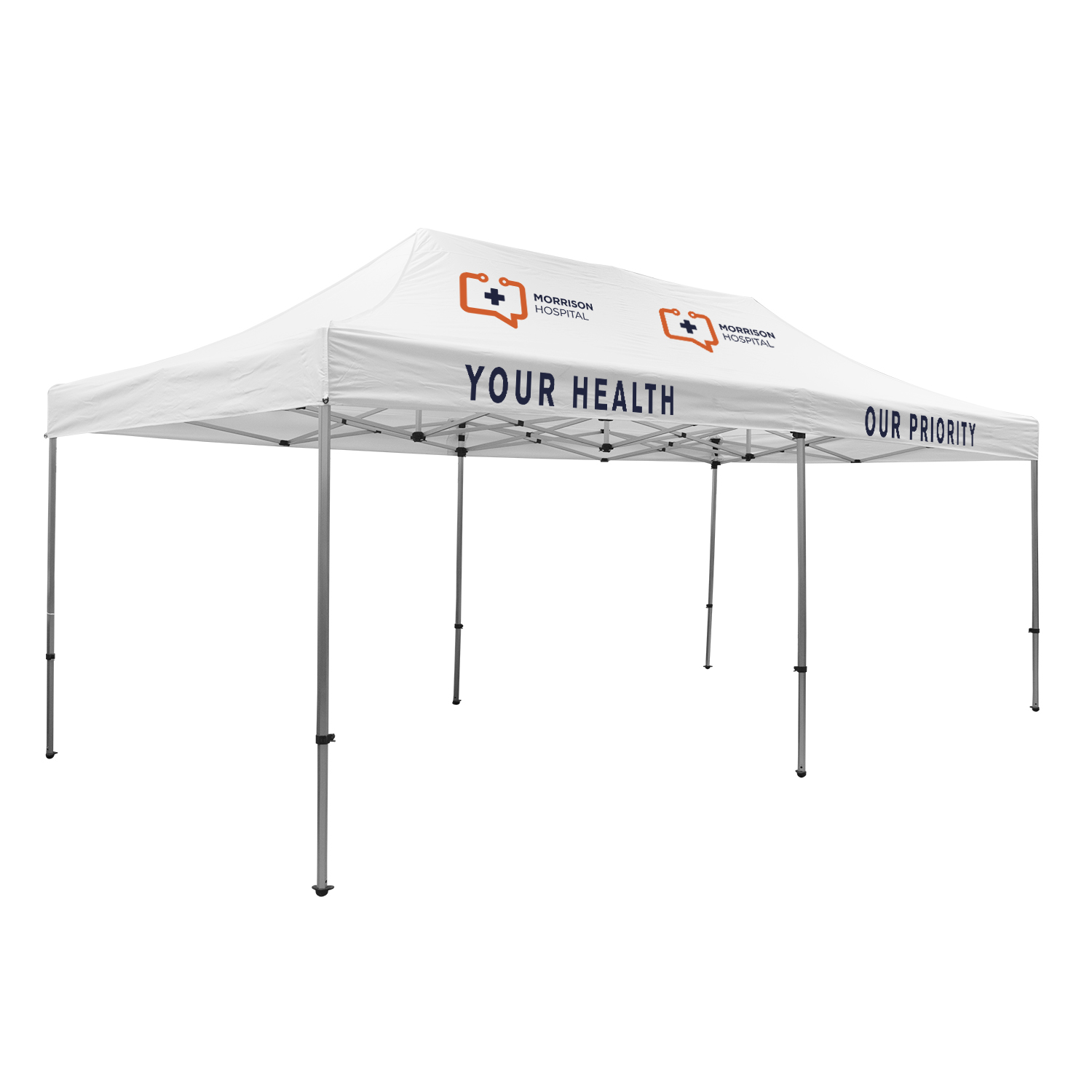 White large full-color promotional event tent with aluminum frame, weather-resistant polyester canopy, and wheeled carrying case for outdoor trade shows and branded events.
