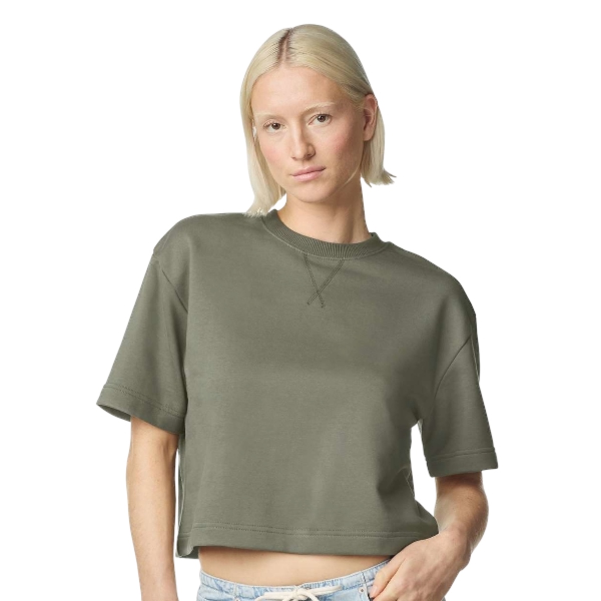 Lieutenant green French terry top with a soft cotton-blend finish, oversized boxy fit, wide ribbed collar, and relaxed mid-length silhouette.