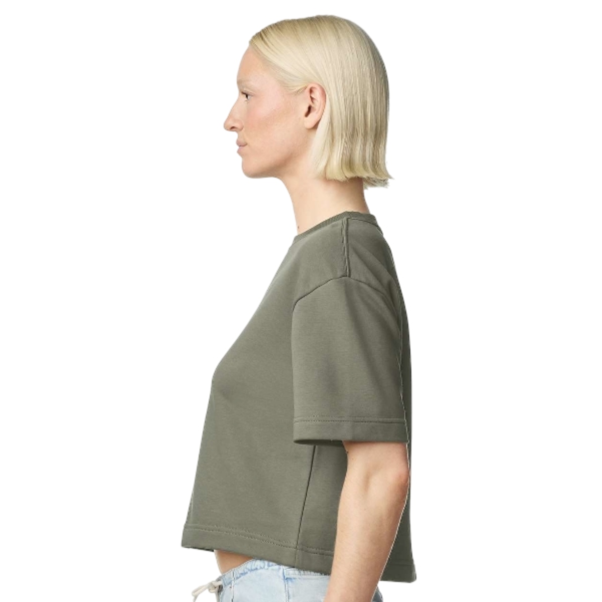 Lieutenant green French terry top with a soft cotton-blend finish, oversized boxy fit, wide ribbed collar, and relaxed mid-length silhouette.