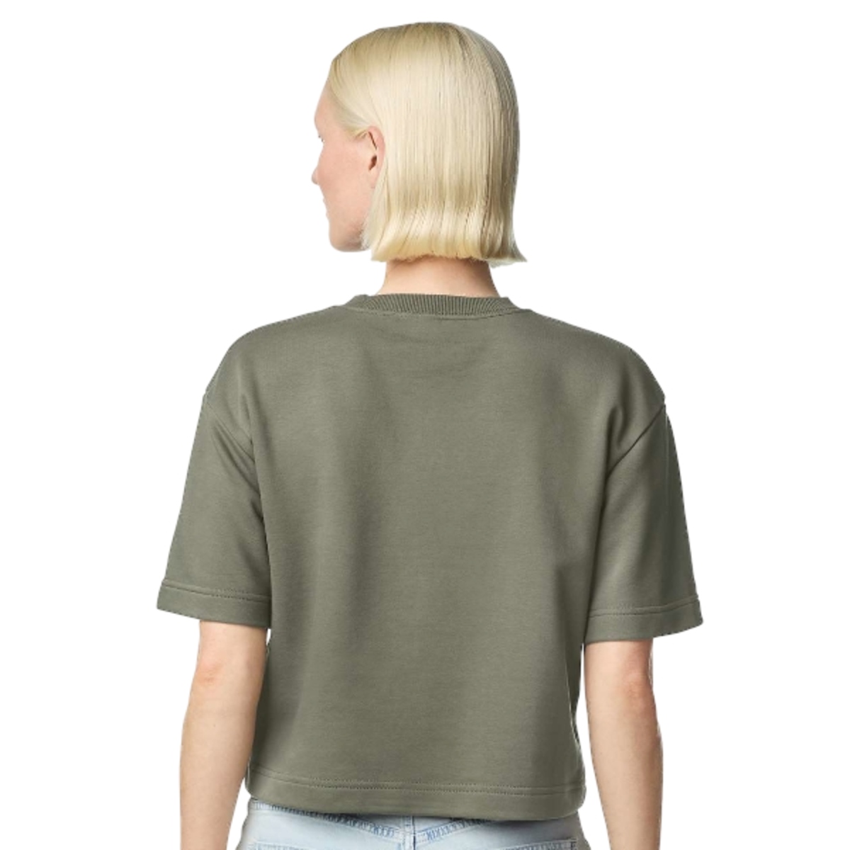 Lieutenant green French terry top with a soft cotton-blend finish, oversized boxy fit, wide ribbed collar, and relaxed mid-length silhouette.
