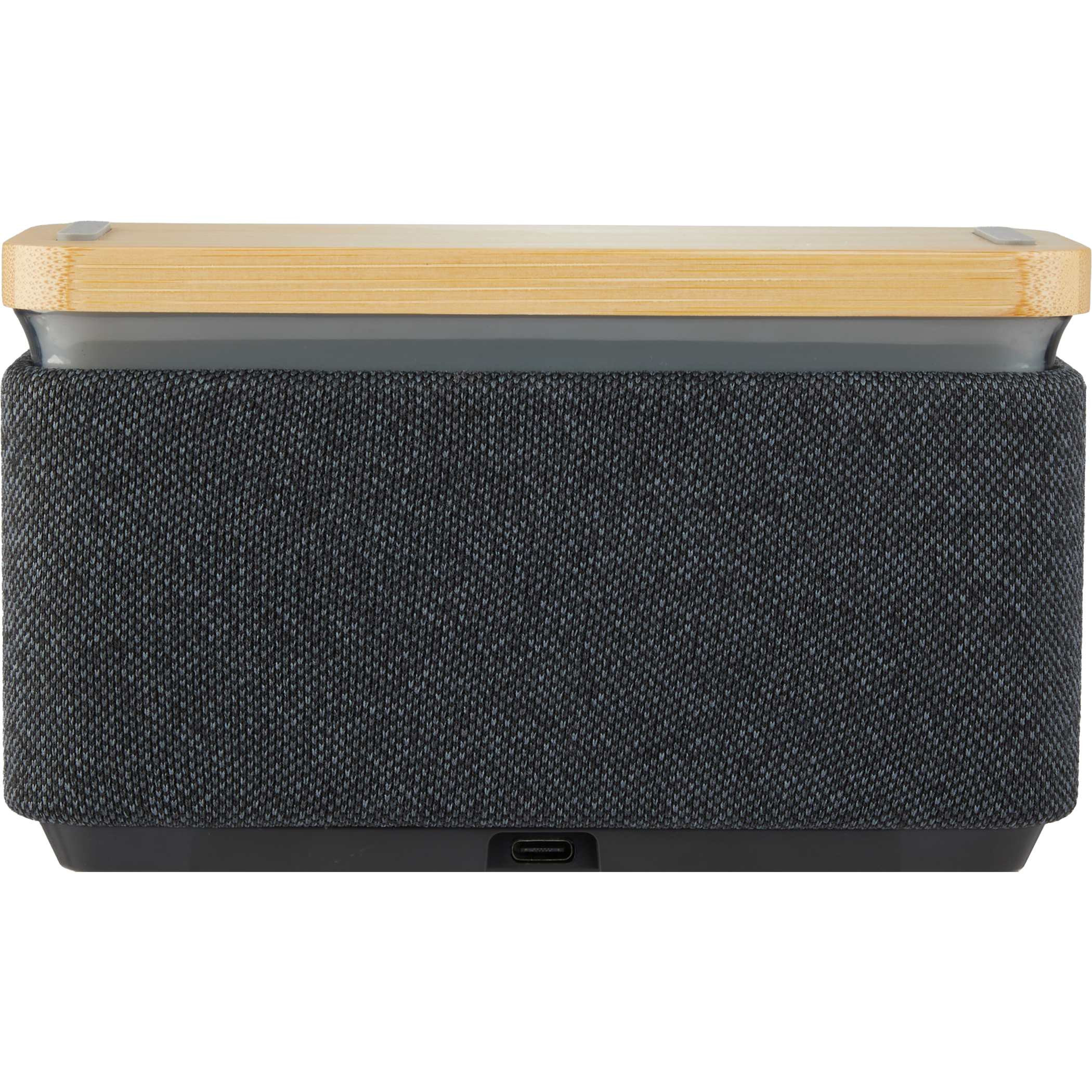 Natural/Gray Boost Fabric & FSC® Bamboo Speaker with Wireless Charging Pad featuring a natural bamboo top, gray RPET fabric wrap, built-in wireless charging surface, multi-color light accents, and compact speaker design for wireless audio playback and device charging.