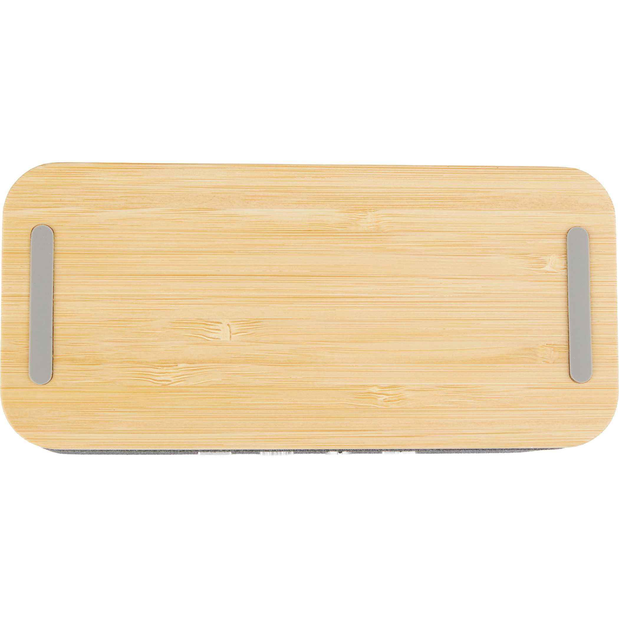 Natural/Gray Boost Fabric & FSC® Bamboo Speaker with Wireless Charging Pad featuring a natural bamboo top, gray RPET fabric wrap, built-in wireless charging surface, multi-color light accents, and compact speaker design for wireless audio playback and device charging.