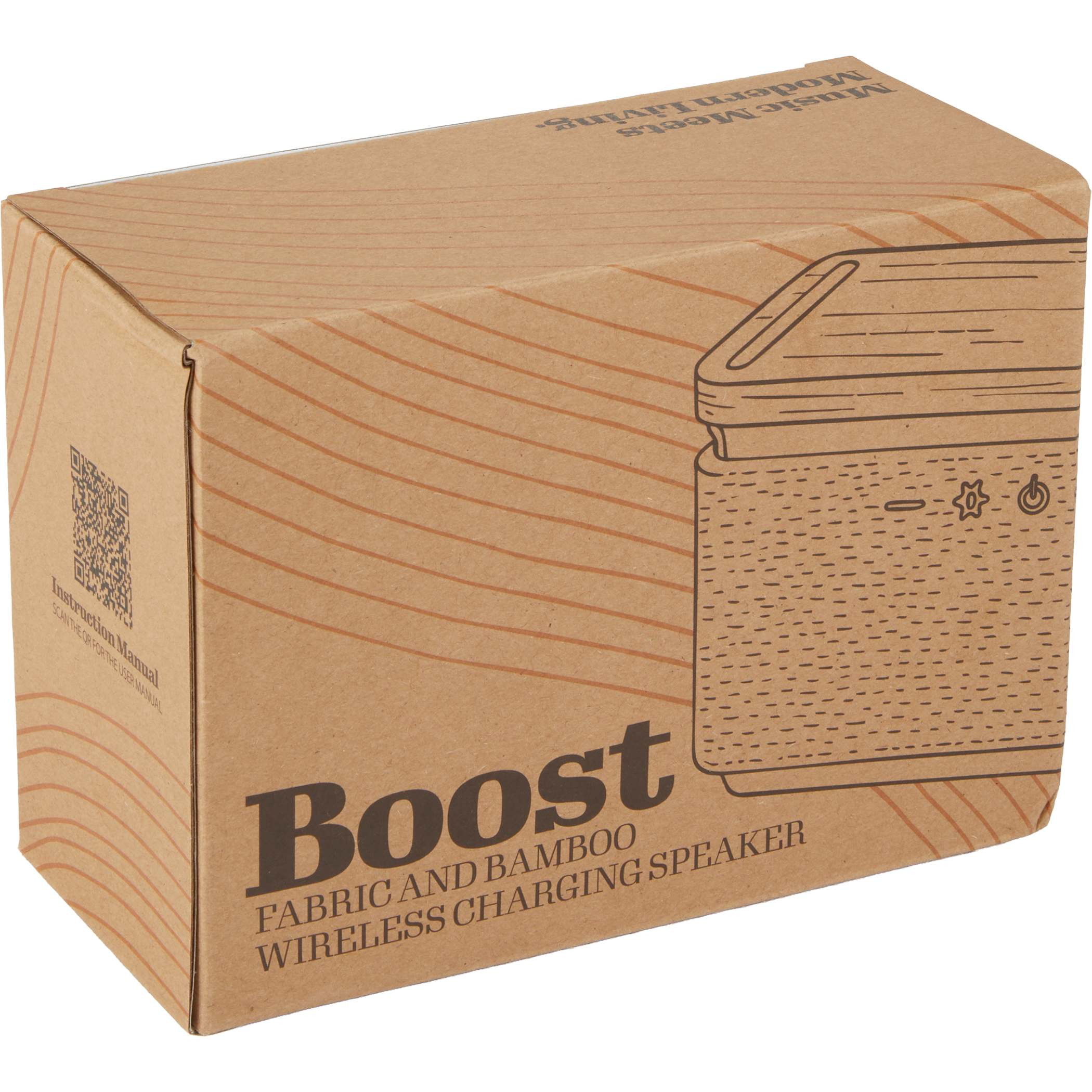 FSC® Certified Premium Giftbox of Natural/Gray Boost Fabric & FSC® Bamboo Speaker with Wireless Charging Pad featuring a natural bamboo top, gray RPET fabric wrap, built-in wireless charging surface, multi-color light accents, and compact speaker design for wireless audio playback and device charging.