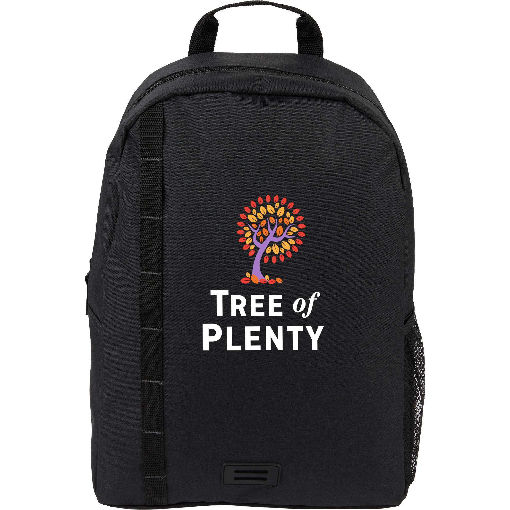 Brady Recycled 15" Computer Backpack in Charcoal recycled polyester with padded 15-inch laptop sleeve, front webbing accent, side mesh water bottle pocket, and spacious zippered compartment for work, school, or travel use.
