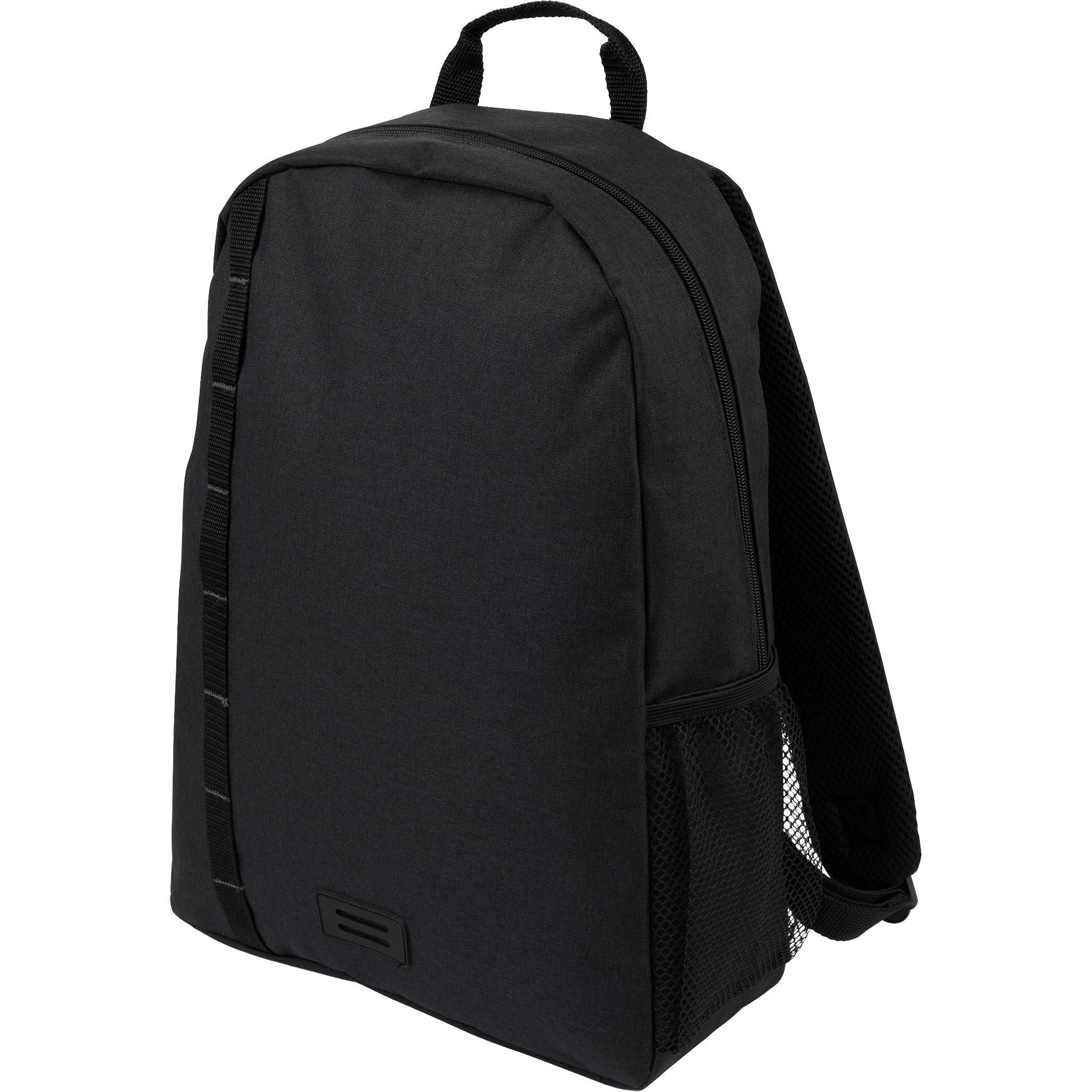 Brady Recycled 15" Computer Backpack in Charcoal recycled polyester with padded 15-inch laptop sleeve, front webbing accent, side mesh water bottle pocket, and spacious zippered compartment for work, school, or travel use.