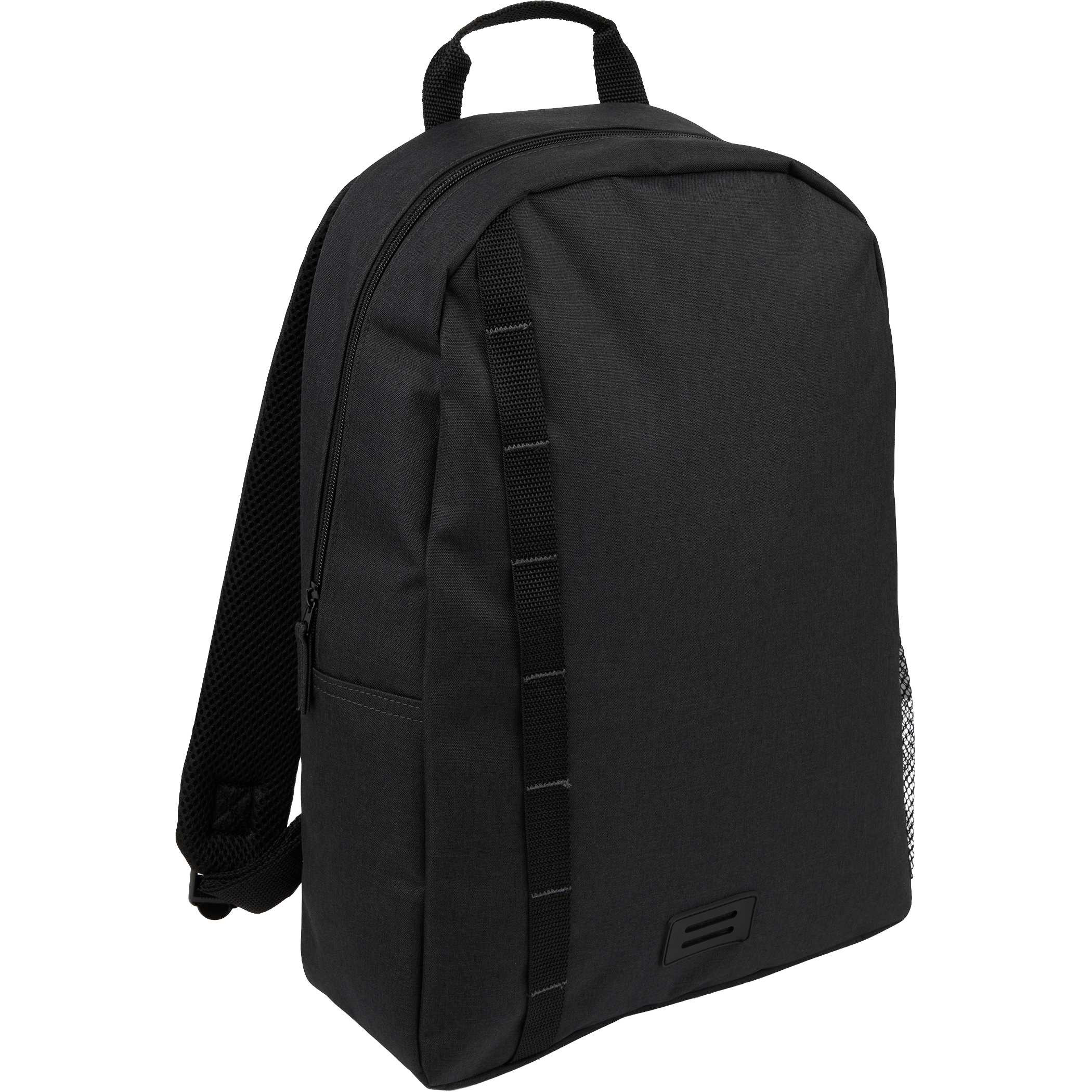 Brady Recycled 15" Computer Backpack in Charcoal recycled polyester with padded 15-inch laptop sleeve, front webbing accent, side mesh water bottle pocket, and spacious zippered compartment for work, school, or travel use.