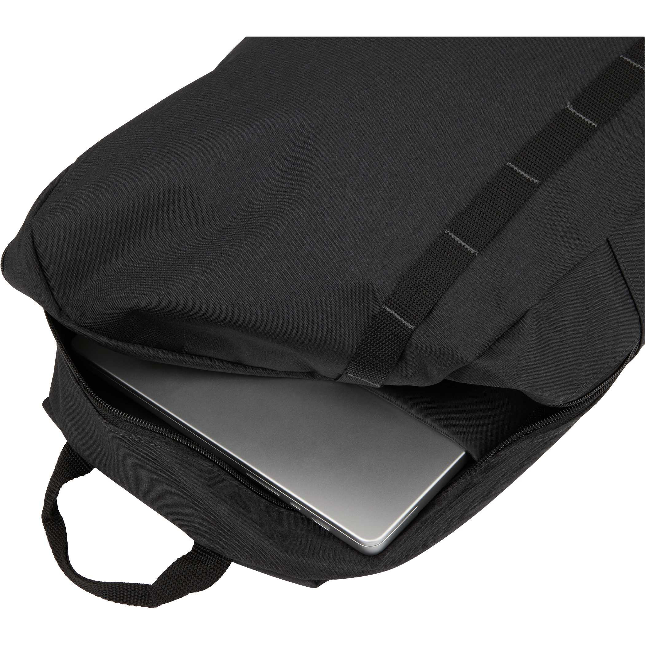 Brady Recycled 15" Computer Backpack in Charcoal recycled polyester with padded 15-inch laptop sleeve, front webbing accent, side mesh water bottle pocket, and spacious zippered compartment for work, school, or travel use.