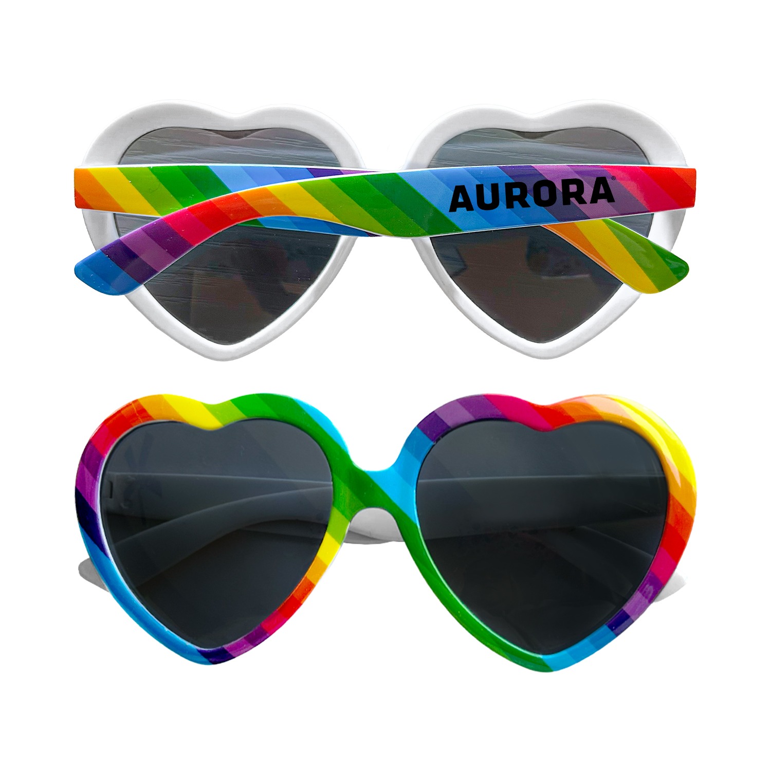 Rainbow heart-shaped sunglasses made of lightweight polycarbonate plastic, featuring glossy translucent multicolor frames with UV-protective tinted lenses, designed as novelty eyewear for promotional events, parties, and outdoor use.
