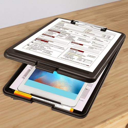 Black ABS plastic storage clipboard with silver and black clip featuring an interior storage compartment for documents and office supplies.