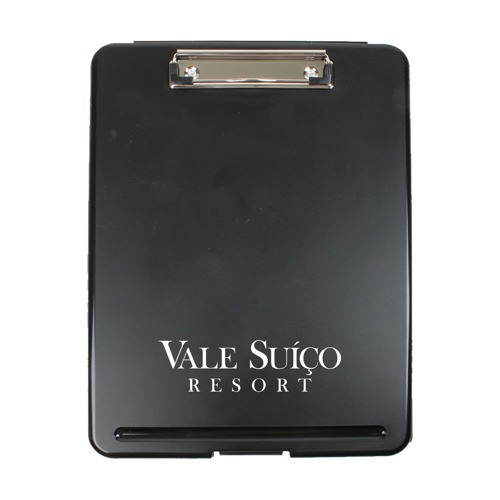 Black ABS plastic storage clipboard with silver and black clip featuring an interior storage compartment for documents and office supplies.