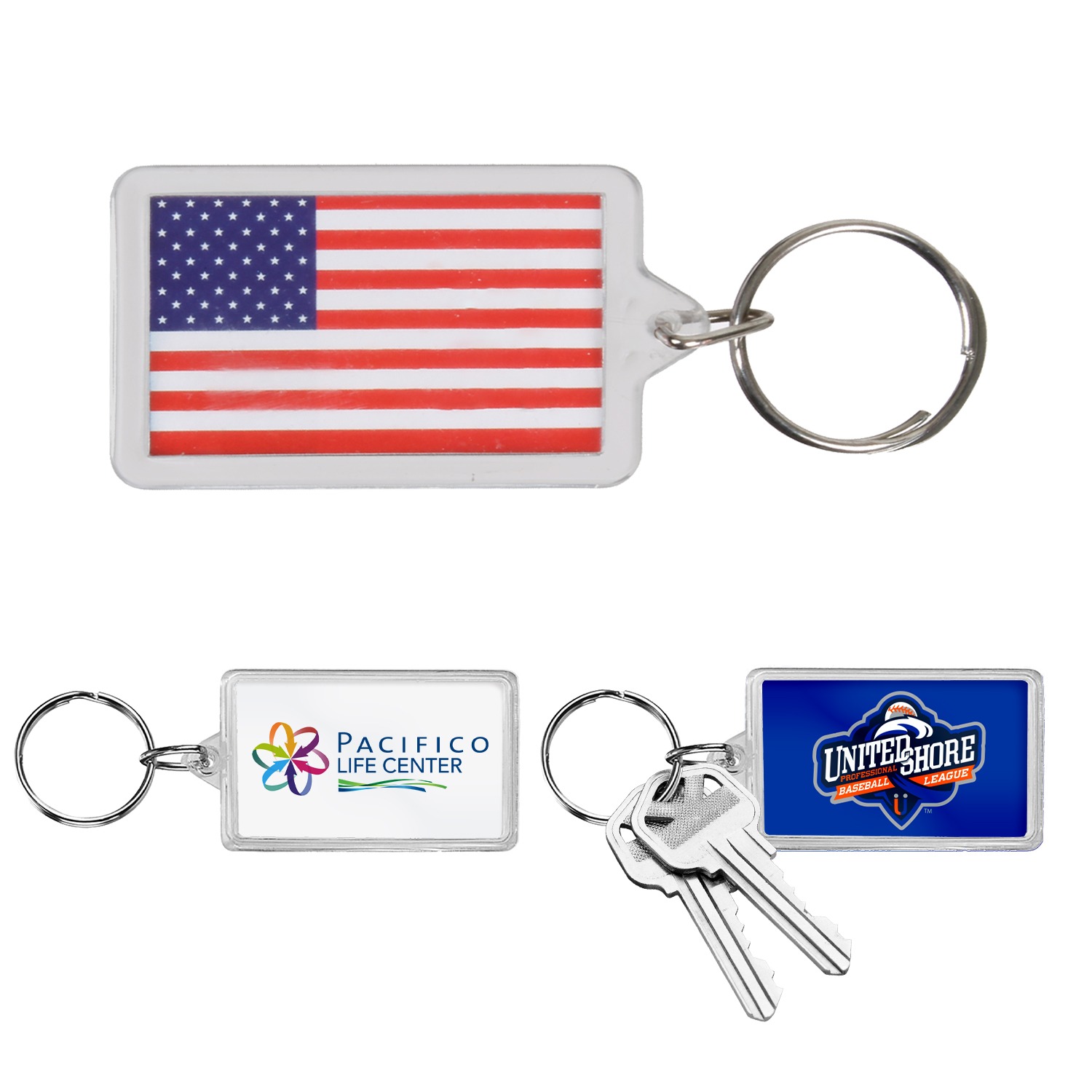 Clear crystal USA Flag Keychain with a rectangular transparent charm featuring a red, white, and blue U.S. flag design and a metal key ring for holding keys.