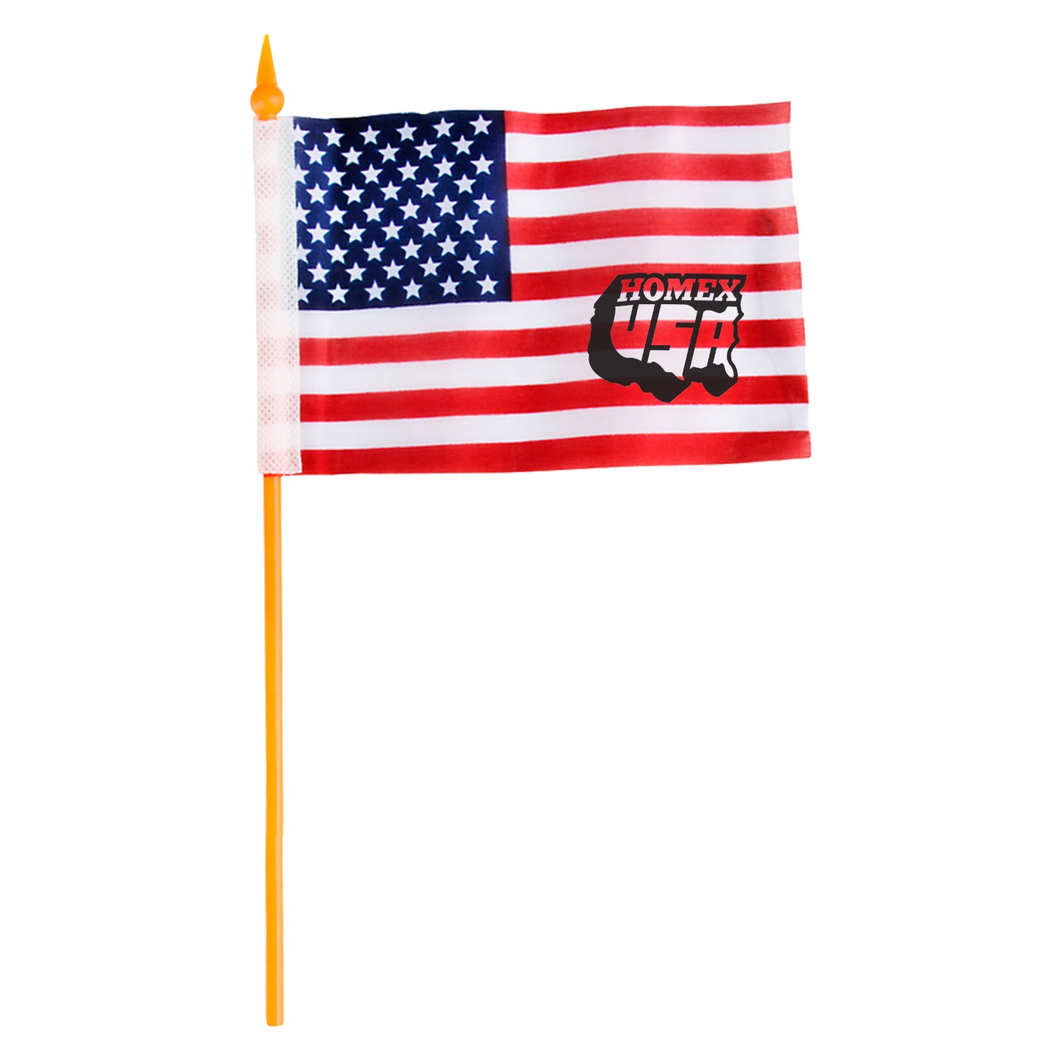 6" USA Flag handheld miniature American flag featuring red, white, and blue printed polyester fabric attached to a small stick, designed for waving at parades, events, and patriotic celebrations.