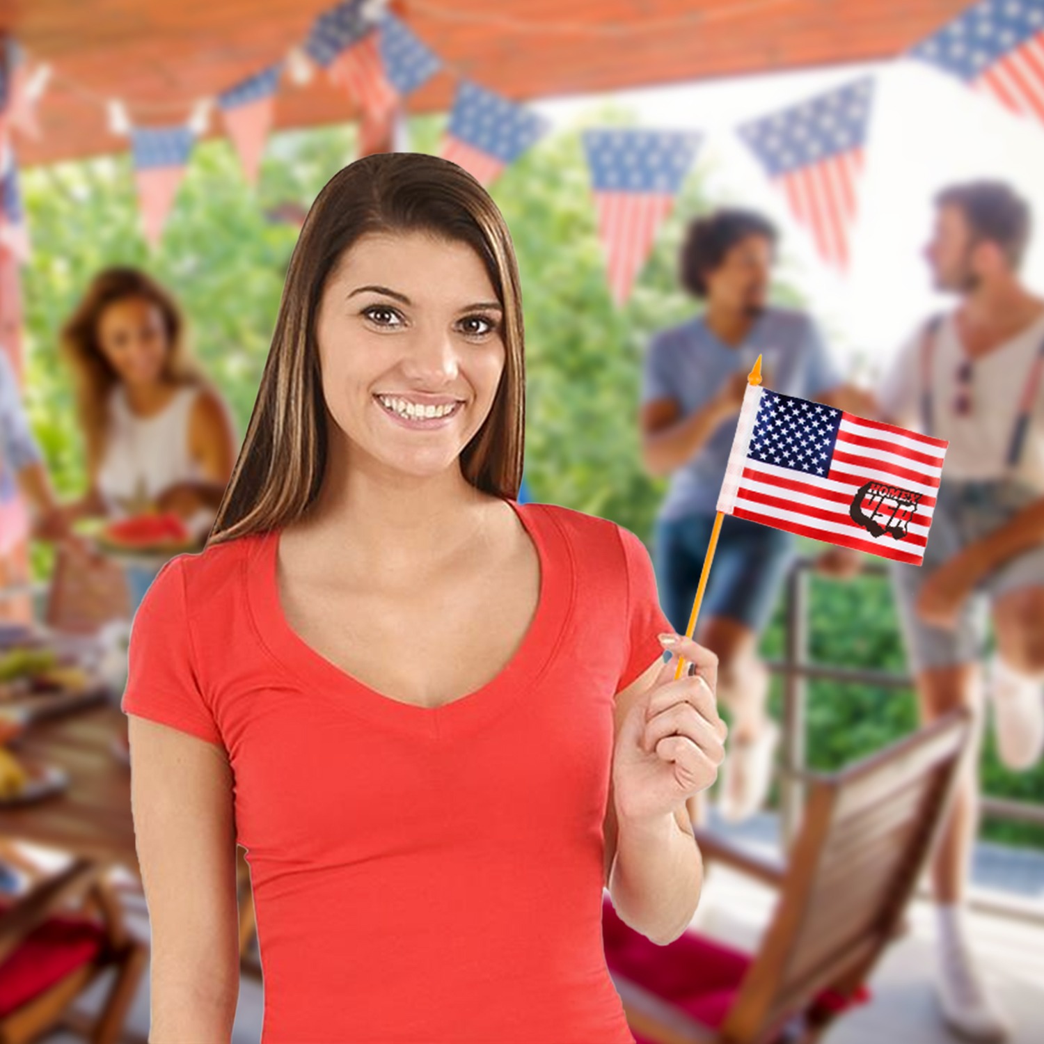 A woman holding a 6" USA Flag handheld miniature American flag featuring red, white, and blue printed polyester fabric attached to a small stick, designed for waving at parades, events, and patriotic celebrations.