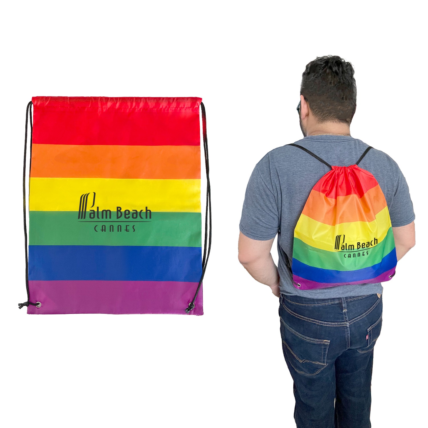 Rainbow Backpack drawstring bag in rainbow, black, and silver color combination, made from lightweight 210D polyester with metal grommets, double drawstring shoulder straps, and spacious main compartment for everyday carry, events, school, or promotional use.