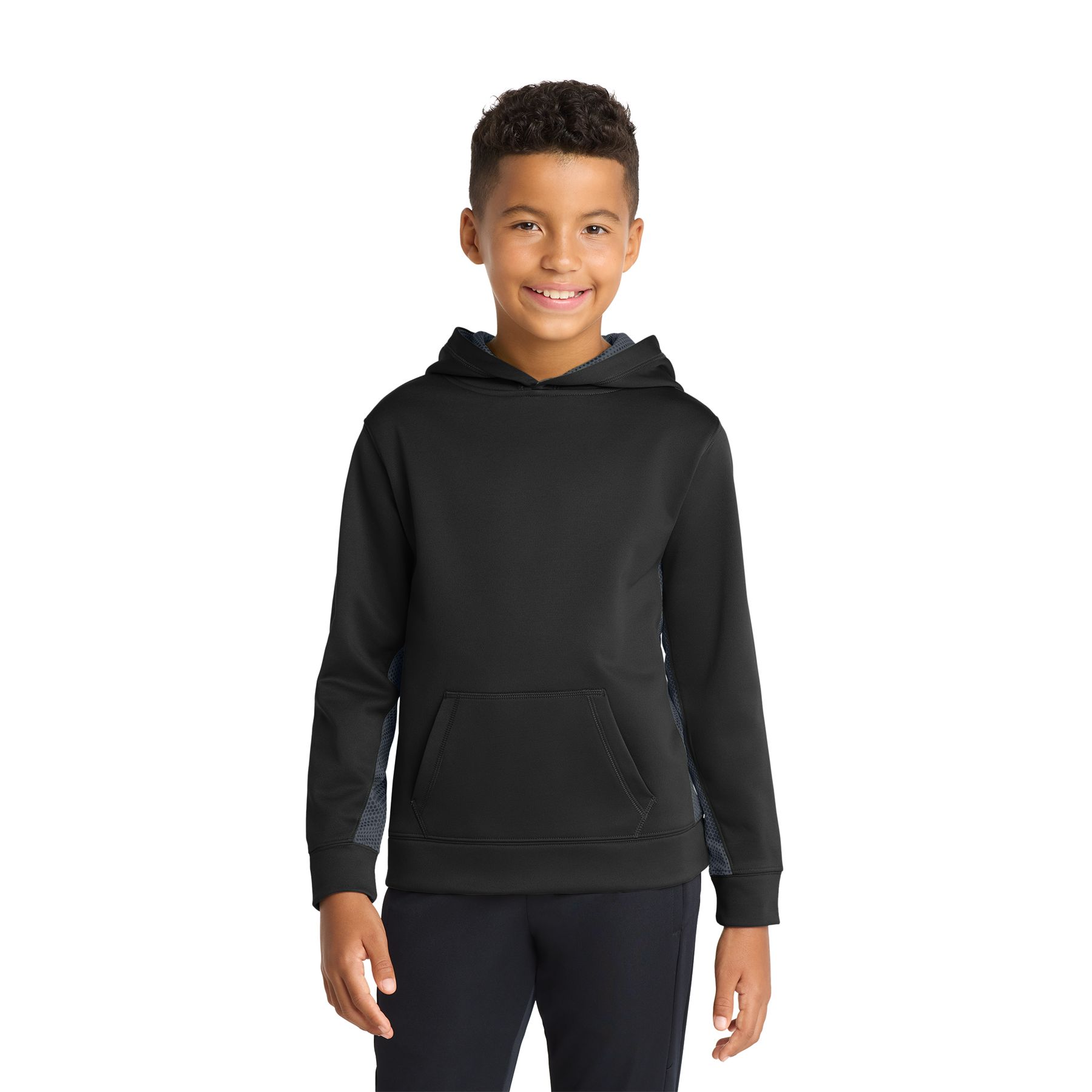 Youth Black and Dark Smoke Grey hooded fleece pullover with sublimated CamoHex print accents, front pouch pocket, and moisture-wicking polyester fabric.
