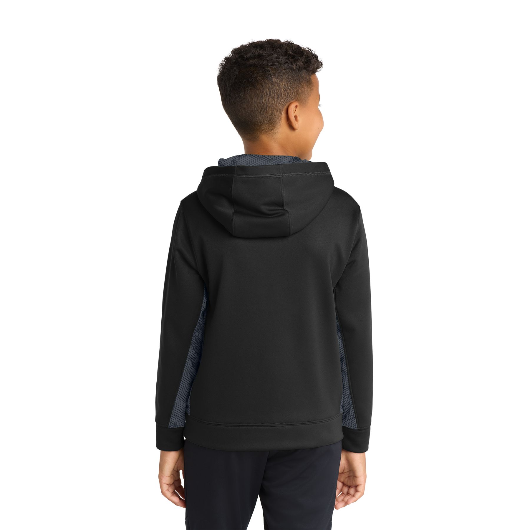 Youth Black and Dark Smoke Grey hooded fleece pullover with sublimated CamoHex print accents, front pouch pocket, and moisture-wicking polyester fabric.