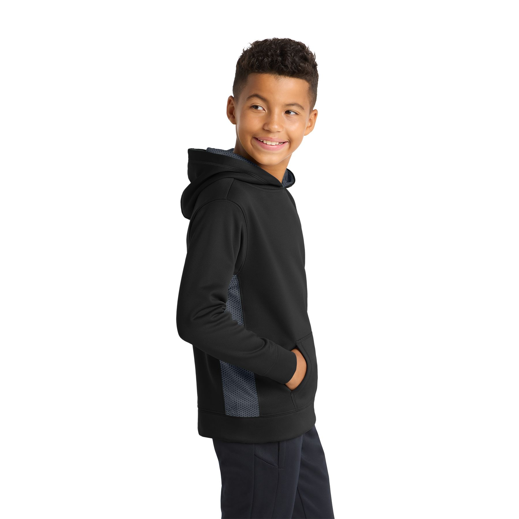 Youth Black and Dark Smoke Grey hooded fleece pullover with sublimated CamoHex print accents, front pouch pocket, and moisture-wicking polyester fabric.