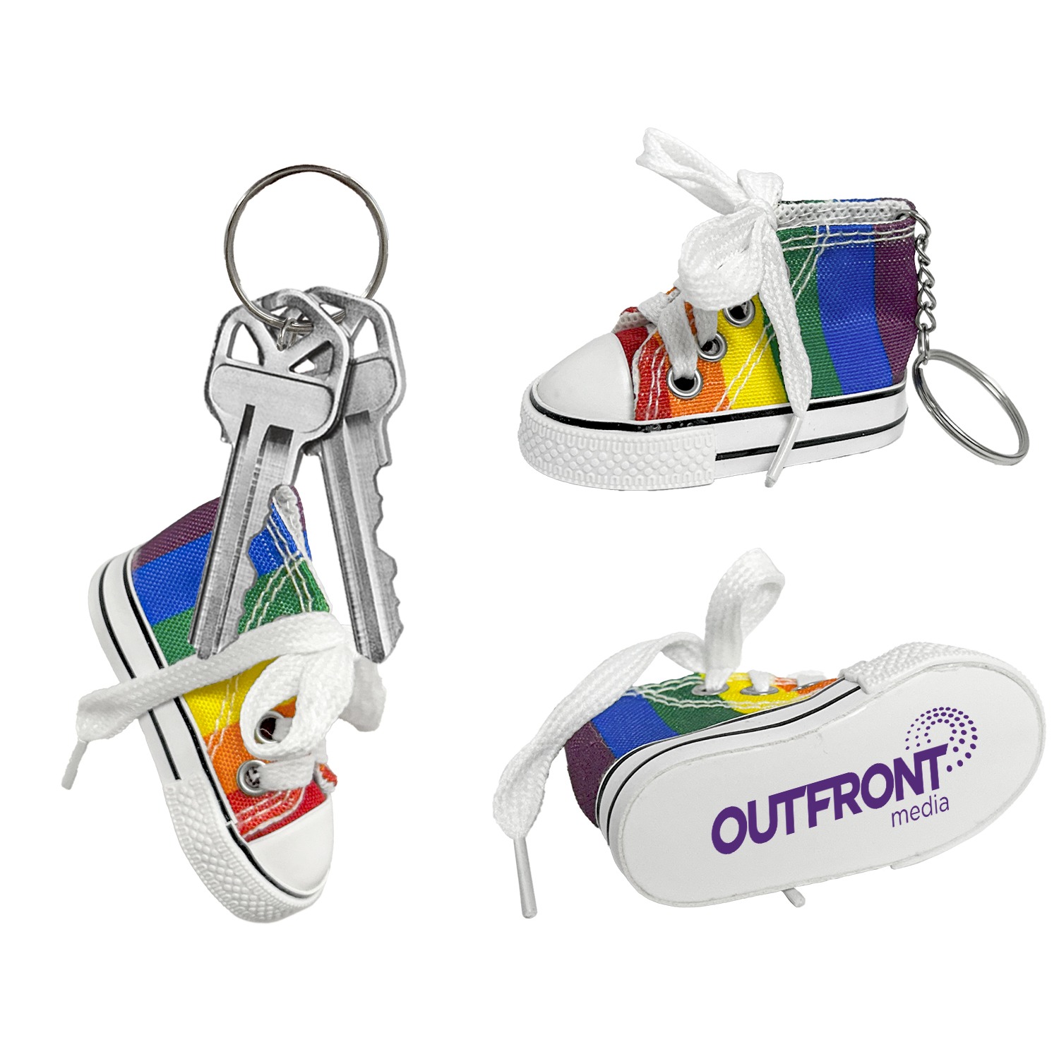 Rainbow Sneaker Keychain SNK760 featuring a miniature sneaker design in vibrant rainbow colors, made from fabric and rubber materials, with realistic details such as woven laces, a textured sole, and a metal keyring attachment for use on keys, bags, or backpacks.