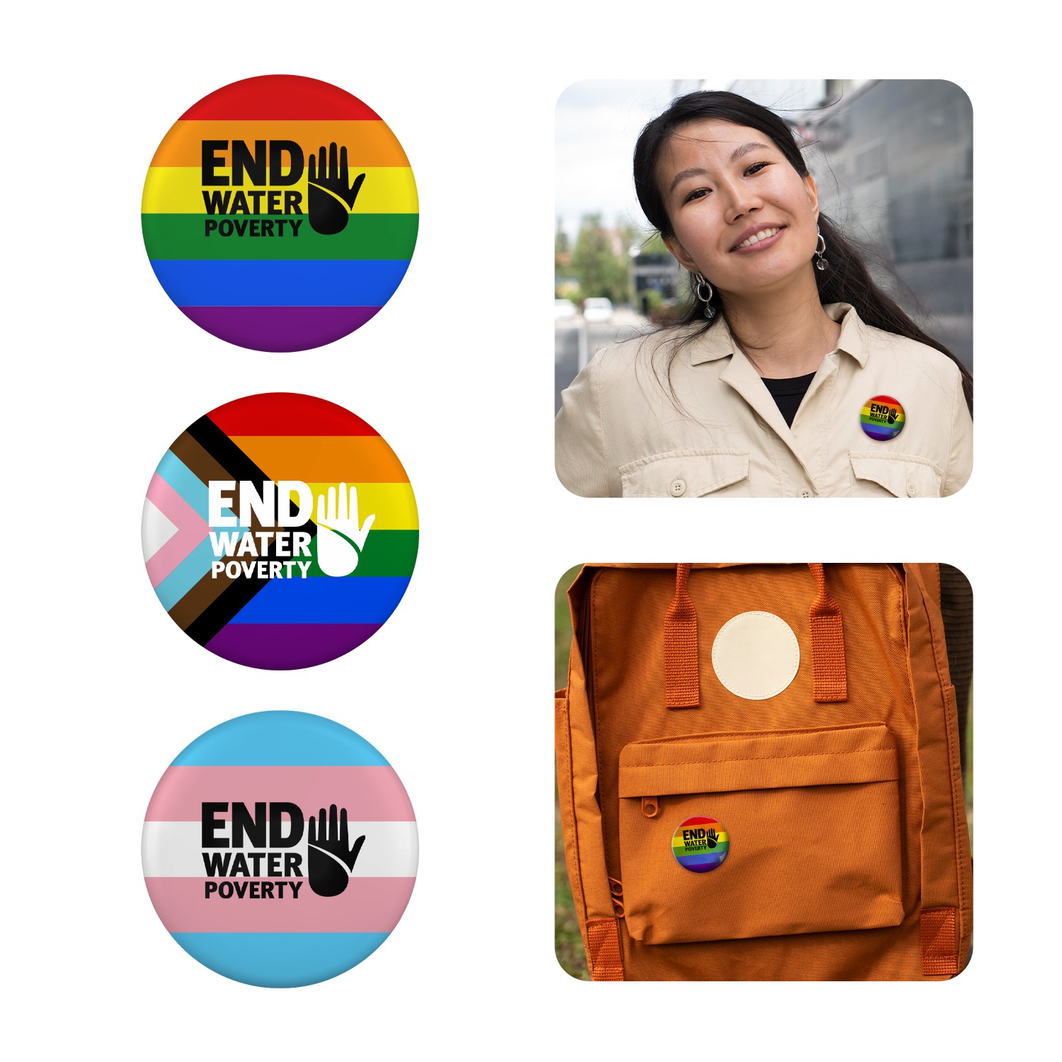 Round pride button with rainbow-striped background and bold central text, featuring a safety-pin metal backing, shown as a custom promotional button designed for attaching to clothing, bags, or accessories.