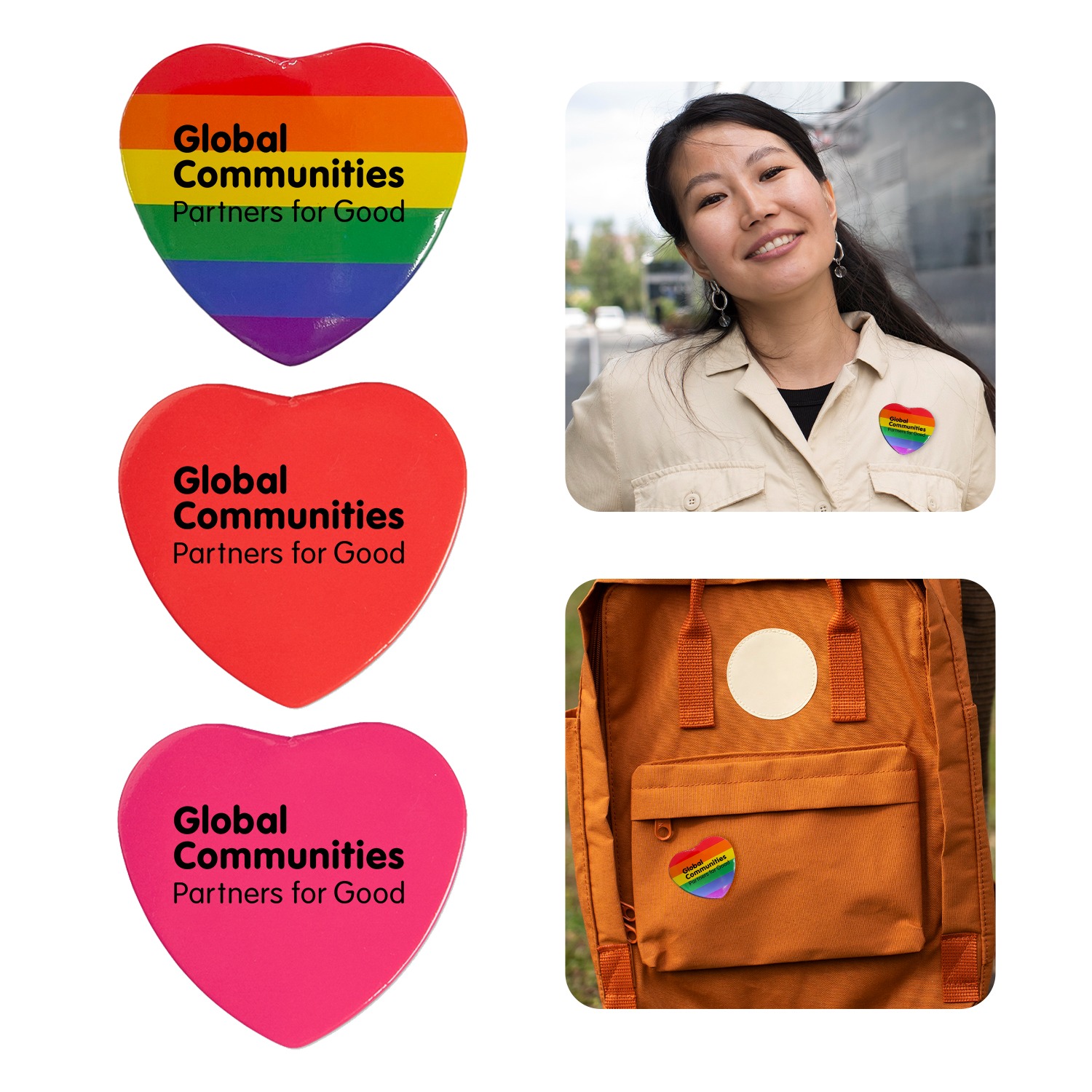 Heart Button pins with glossy finish and safety pin backing, featuring a lightweight promotional design suitable for attaching to clothing, bags, and accessories for custom branding or events.