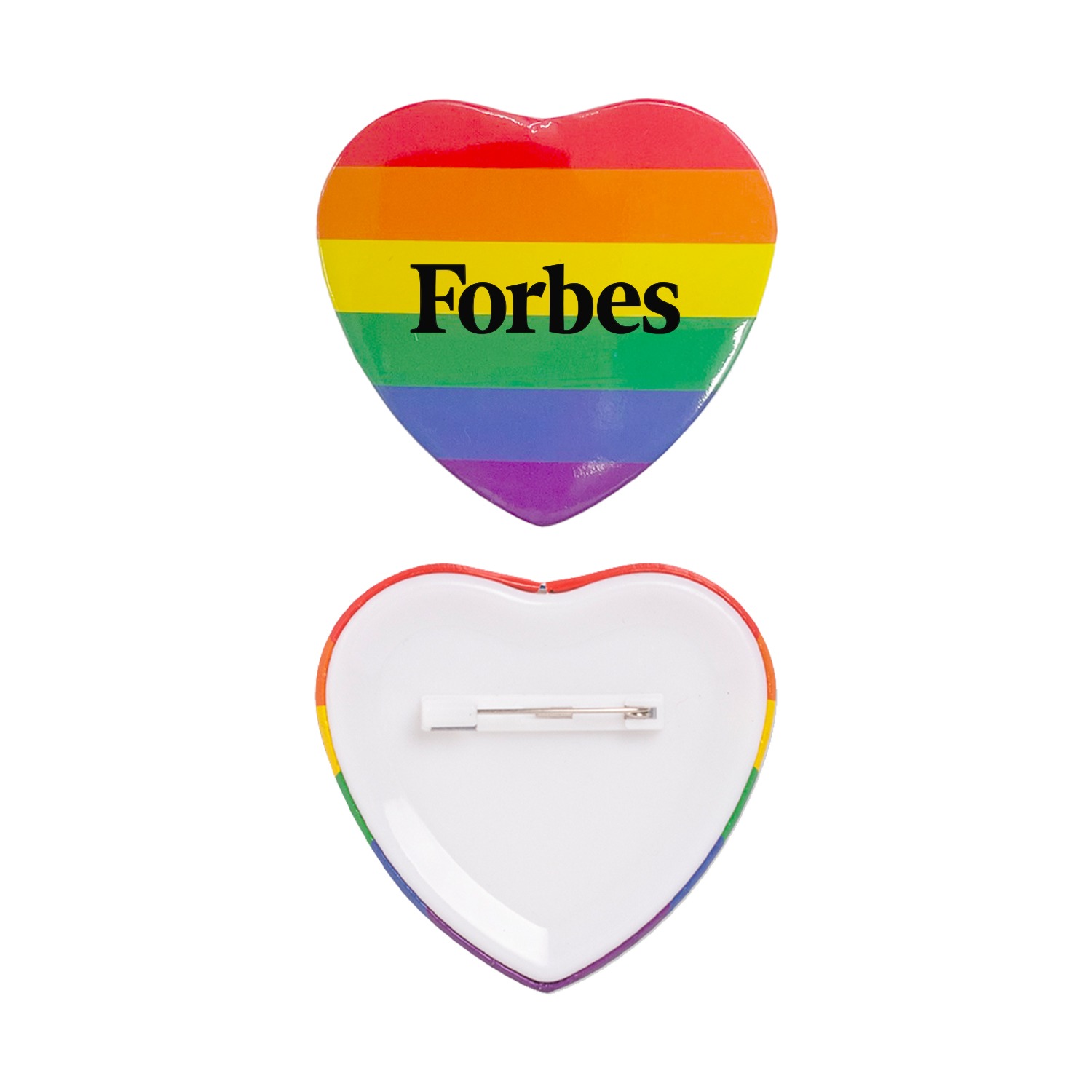 Rainbow Heart Button pins with glossy finish and safety pin backing, featuring a lightweight promotional design suitable for attaching to clothing, bags, and accessories for custom branding or events.