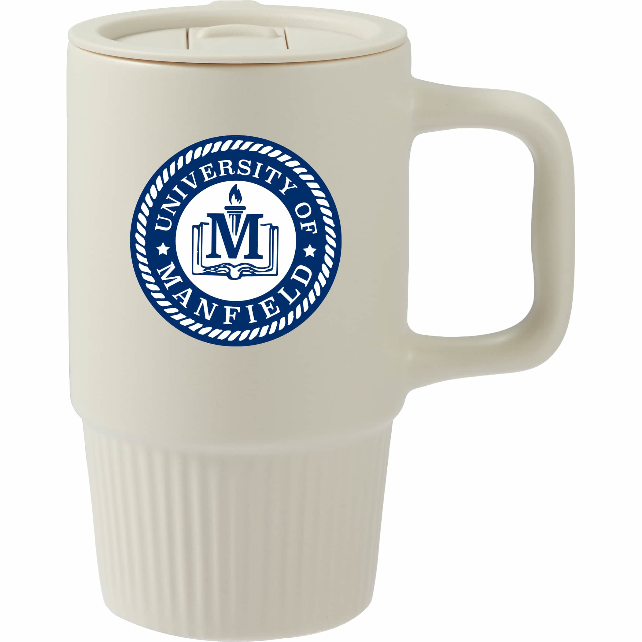 Tan Ceramic mug with a matte finish shown in a neutral tone, the Camden 13oz Ceramic Mug with Lid features a sturdy cylindrical shape with a wide ergonomic handle and subtle vertical detailing near the base. It includes a fitted sliding lid designed for spill resistance and temperature retention, making it suitable for office use, commuting, or everyday hot beverage service. The mug is made from durable ceramic and presents a clean, modern promotional drinkware design intended for custom branding or decoration.