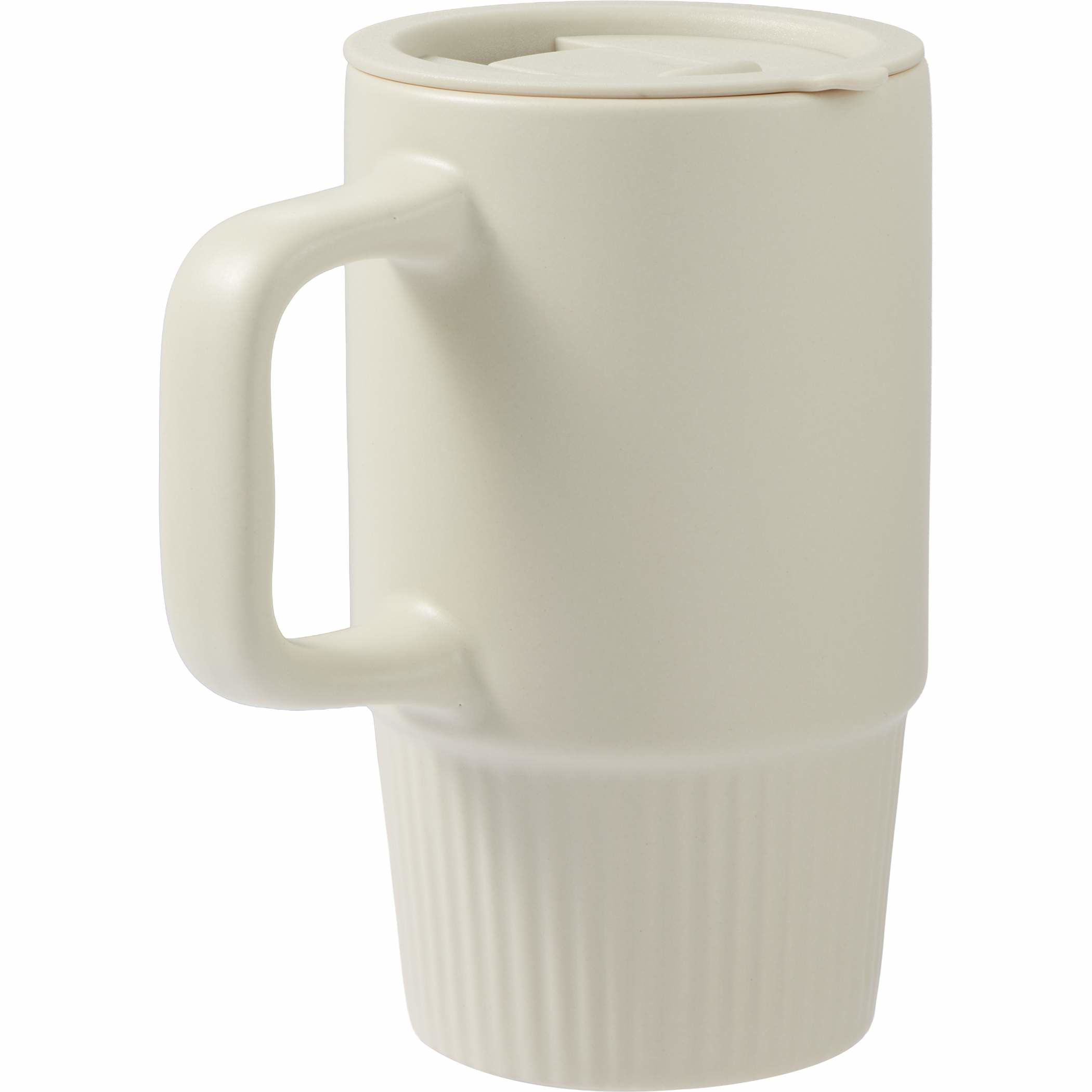 Tan Ceramic mug with a matte finish shown in a neutral tone, the Camden 13oz Ceramic Mug with Lid features a sturdy cylindrical shape with a wide ergonomic handle and subtle vertical detailing near the base. It includes a fitted sliding lid designed for spill resistance and temperature retention, making it suitable for office use, commuting, or everyday hot beverage service. The mug is made from durable ceramic and presents a clean, modern promotional drinkware design intended for custom branding or decoration.
