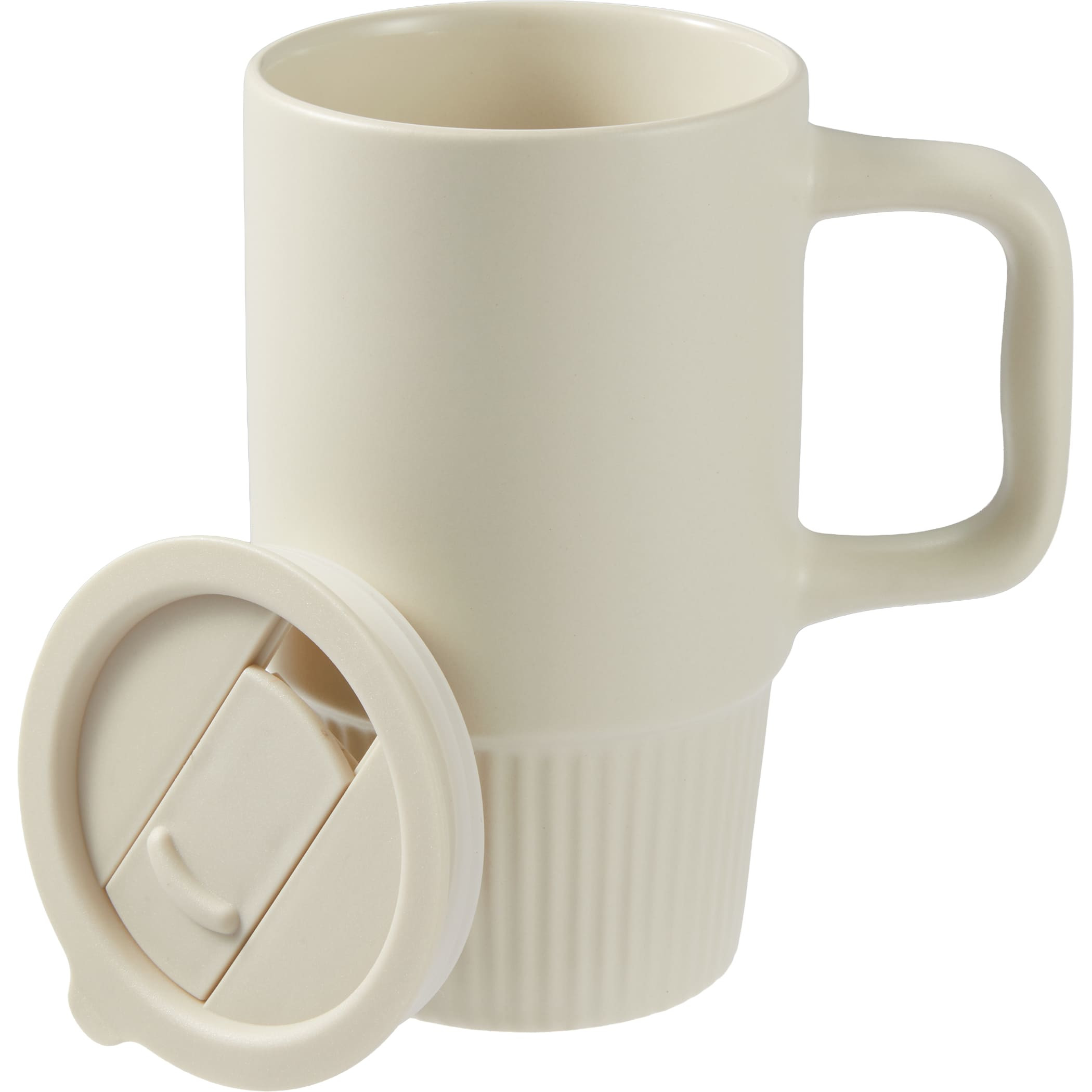 Tan Ceramic mug with a matte finish shown in a neutral tone, the Camden 13oz Ceramic Mug with Lid features a sturdy cylindrical shape with a wide ergonomic handle and subtle vertical detailing near the base. It includes a fitted sliding lid designed for spill resistance and temperature retention, making it suitable for office use, commuting, or everyday hot beverage service. The mug is made from durable ceramic and presents a clean, modern promotional drinkware design intended for custom branding or decoration.