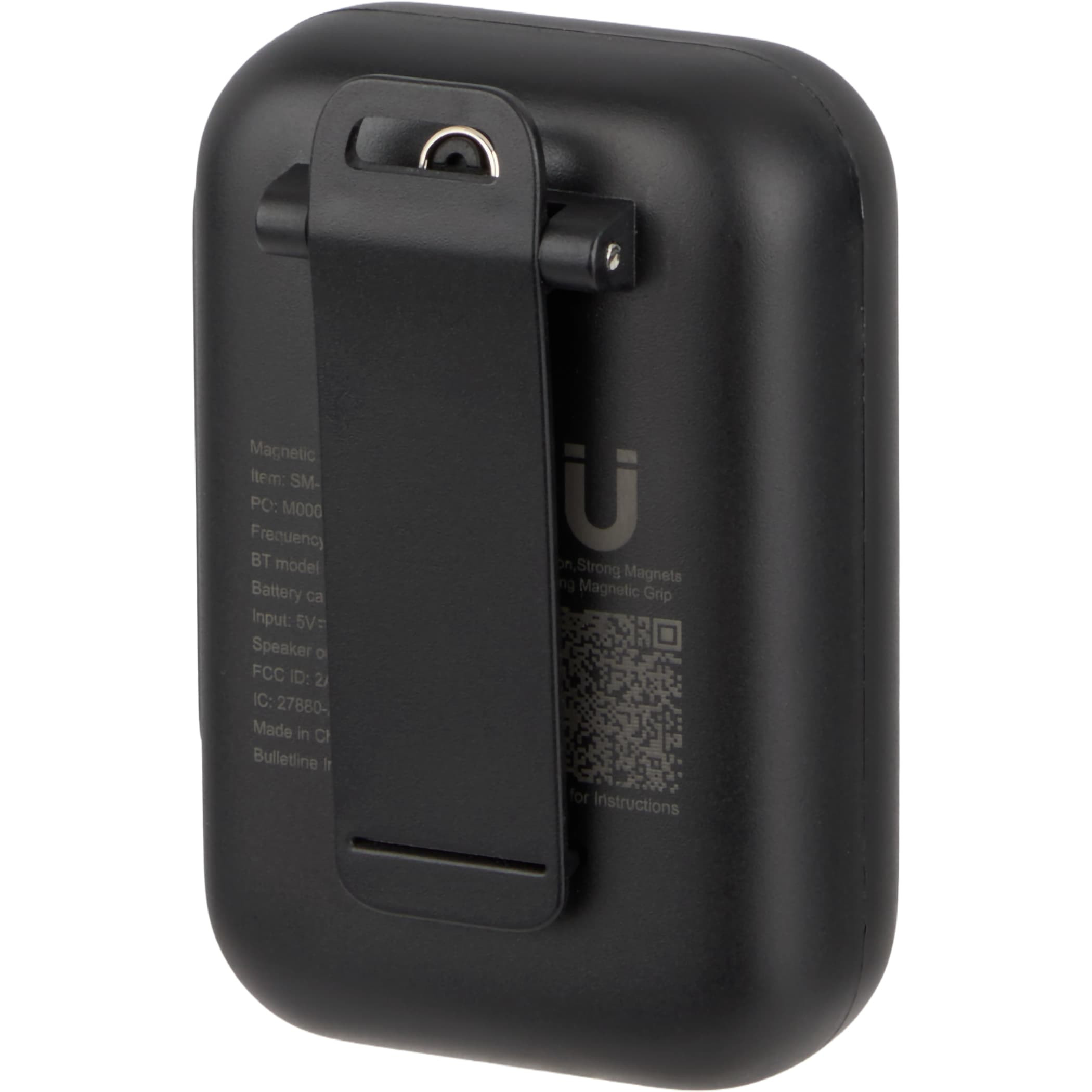 Clip Tune Magnetic Outdoor Bluetooth Speaker in black ABS plastic with built-in clip, magnetic back, and compact portable design for outdoor music playback and hands-free calls.