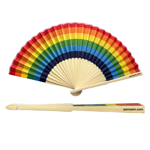 Rainbow accordion folding fan with colorful polyester fan panels and natural bamboo handle designed for portable cooling and outdoor events.
