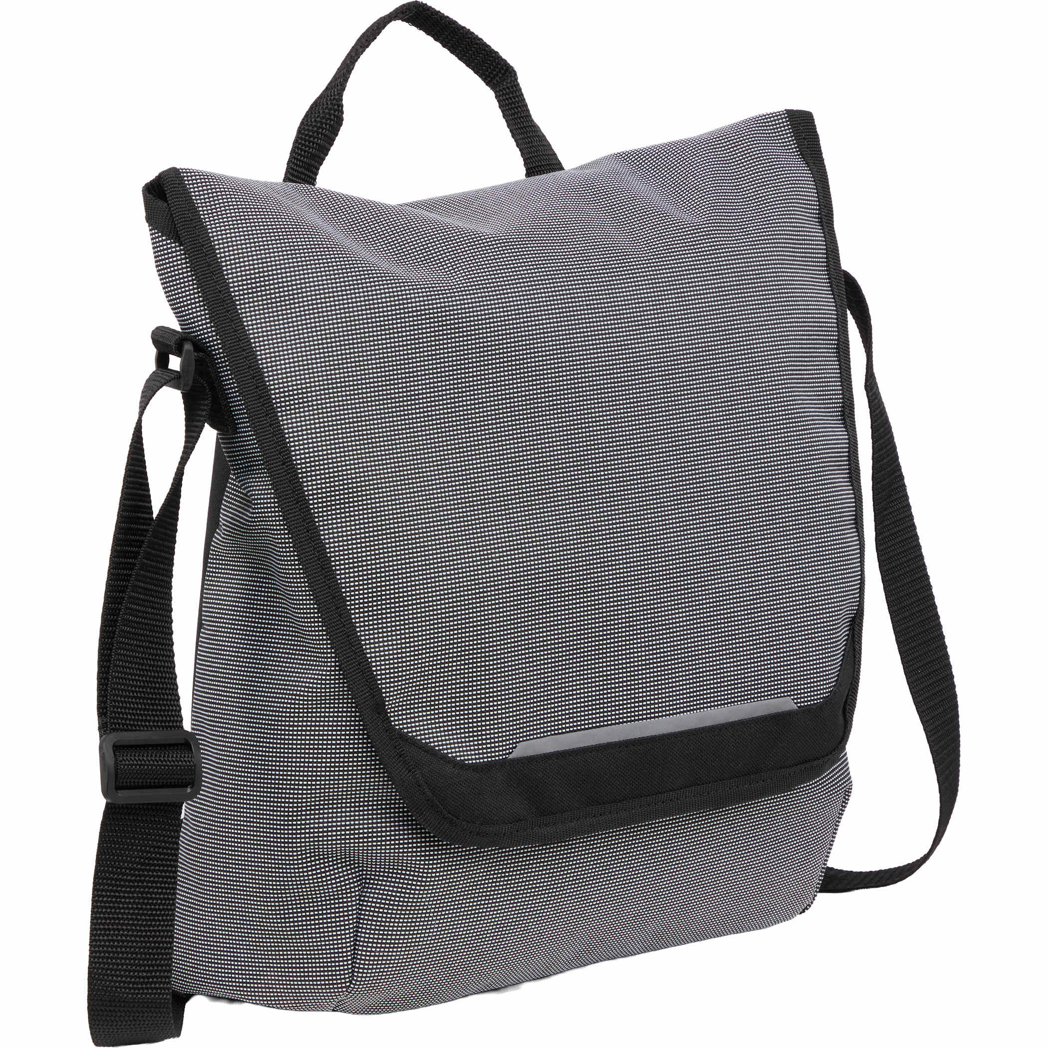 Gray Dover Recycled Messenger Bag recycled fabric with a streamlined silhouette, adjustable shoulder strap, top grab handle, flap-style design, and spacious interior featuring a laptop sleeve for commuting, work, school, or everyday carry.