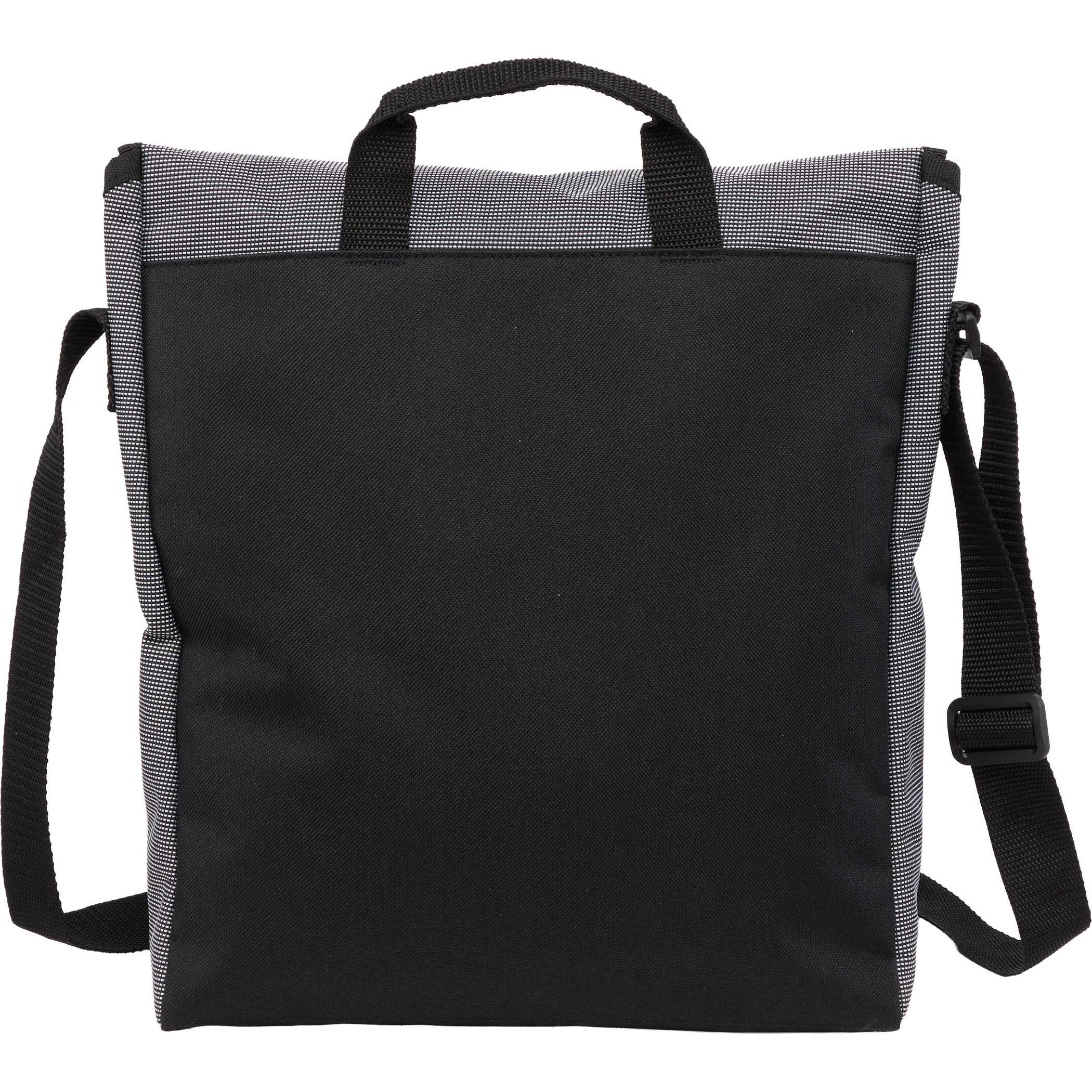 At the back of Gray Dover Recycled Messenger Bag recycled fabric with a streamlined silhouette, adjustable shoulder strap, top grab handle, flap-style design, and spacious interior featuring a laptop sleeve for commuting, work, school, or everyday carry.