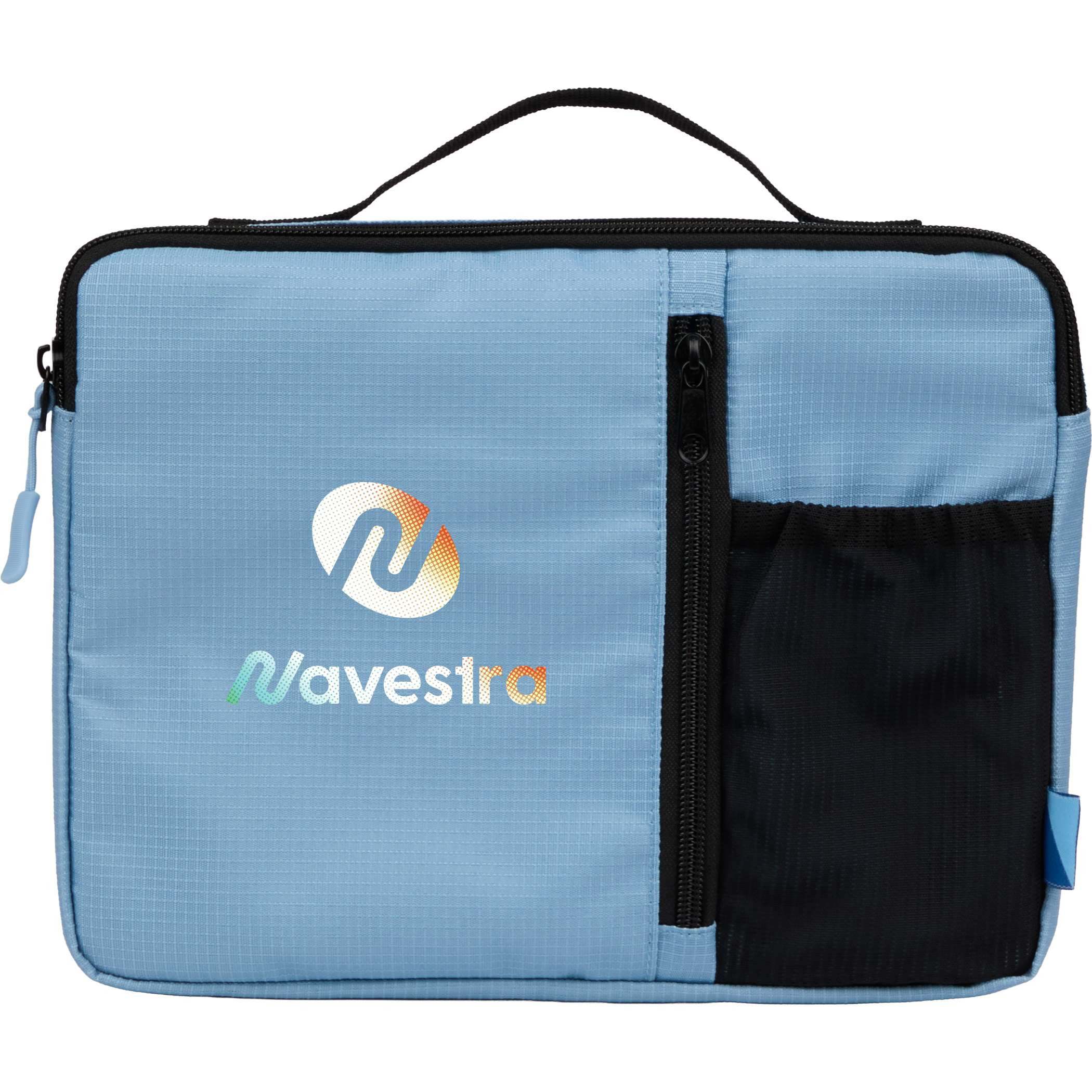 Blue Wander & Roam Organizer Case RPET ripstop 600D fabric, featuring a compact rectangular design with a top grab handle, front zip pocket, and structured main compartment for organizing travel accessories and small electronics.