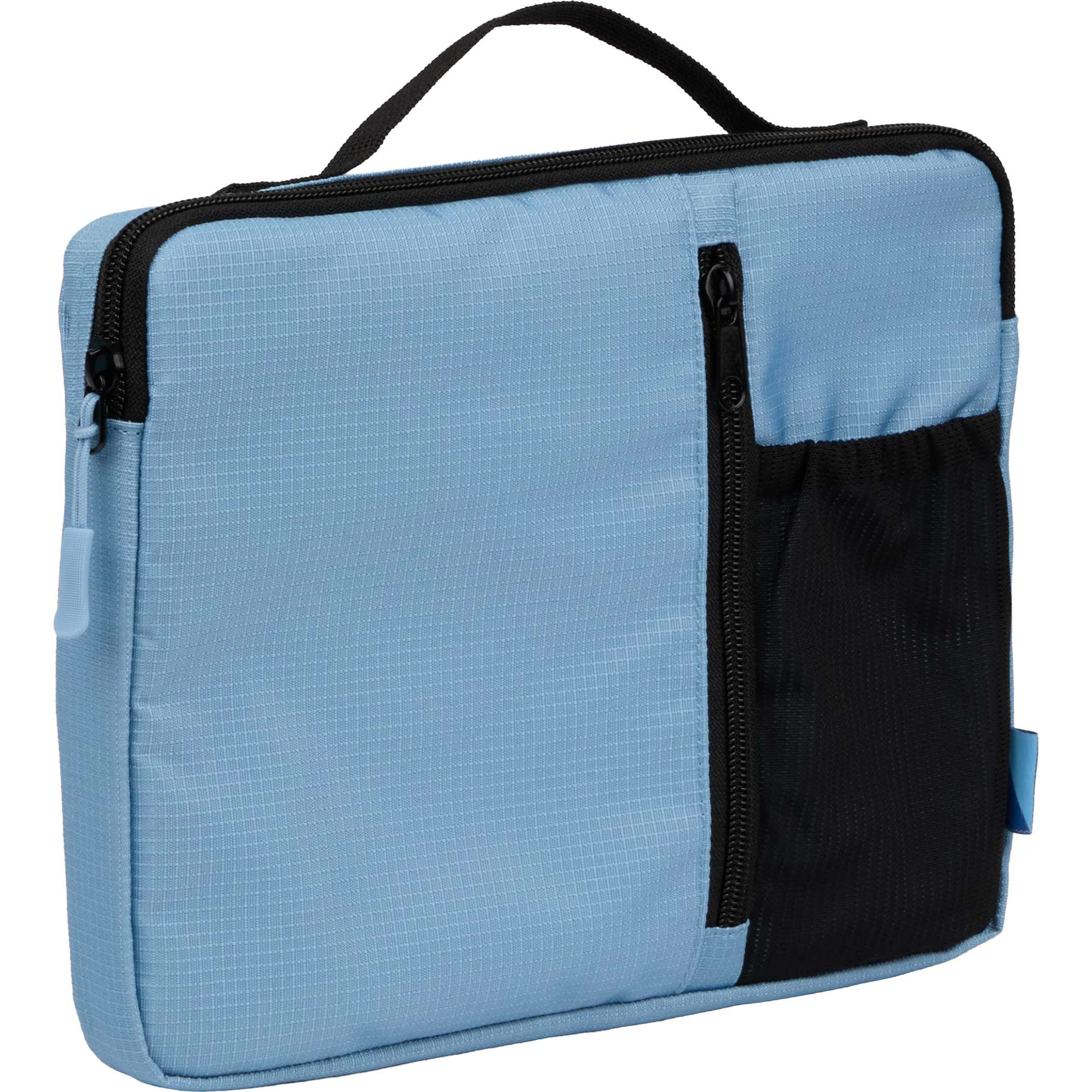 Blue Wander & Roam Organizer Case RPET ripstop 600D fabric, featuring a compact rectangular design with a top grab handle, front zip pocket, and structured main compartment for organizing travel accessories and small electronics.