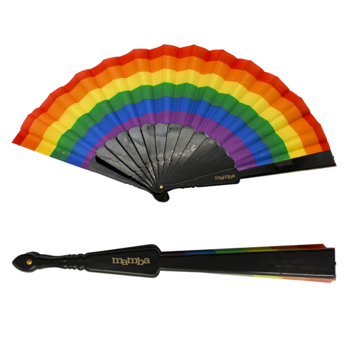 Rainbow accordion-style folding fan with polyester fabric panels and a blue, black, and white handle designed for portable cooling at events.