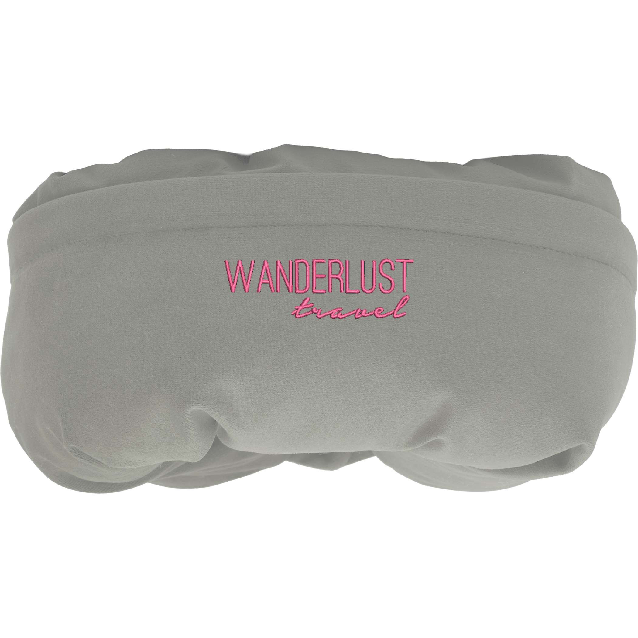 Gray Wander & Roam Packable Neck Pillow is shown as a compact, soft travel neck pillow made from RPET velvet material. It features a zippered, rectangular packable design that folds into a neck pillow shape, with a snap closure strap visible for securing around the neck during travel use, such as flights or long-distance trips.