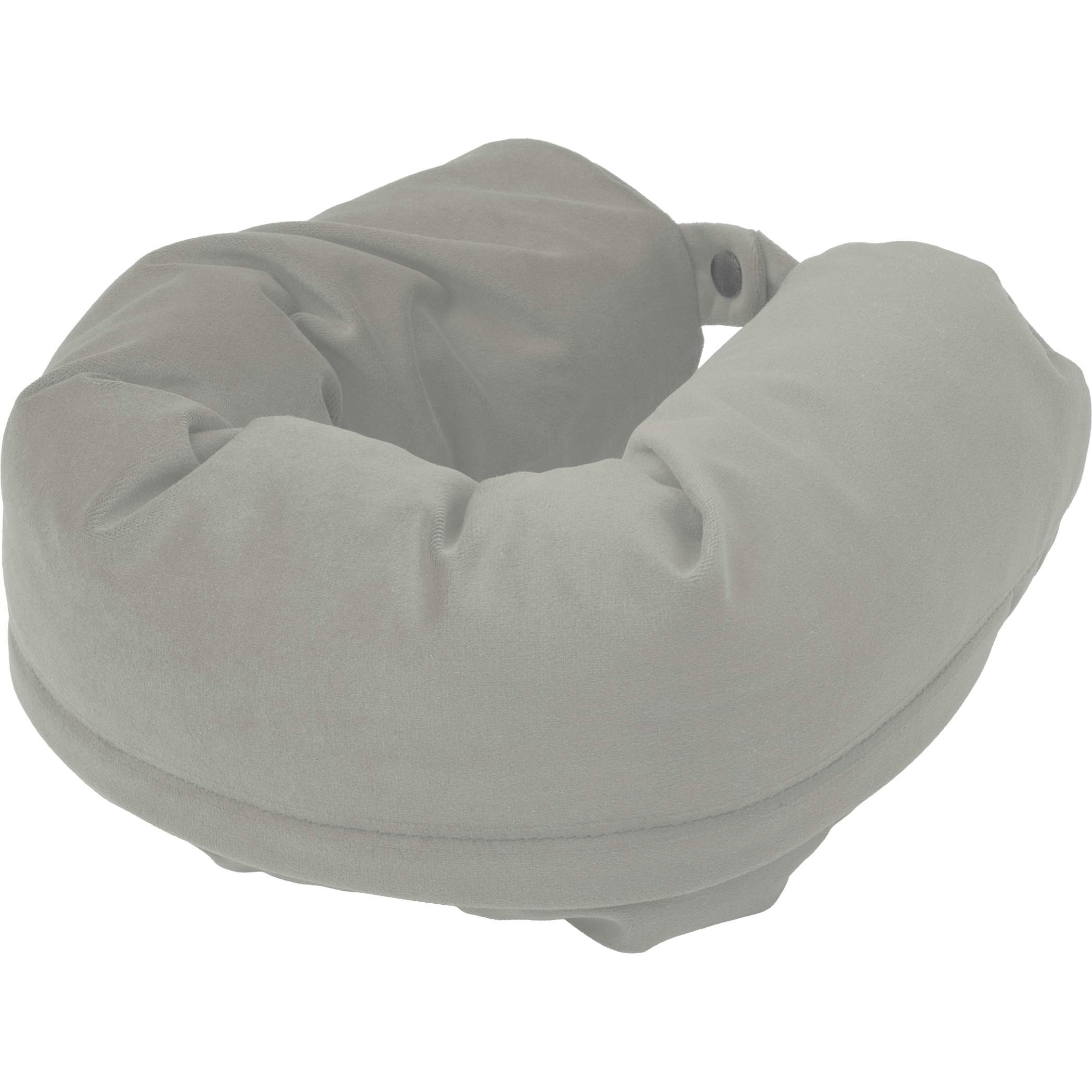 Gray Wander & Roam Packable Neck Pillow is shown as a compact, soft travel neck pillow made from RPET velvet material. It features a zippered, rectangular packable design that folds into a neck pillow shape, with a snap closure strap visible for securing around the neck during travel use, such as flights or long-distance trips.